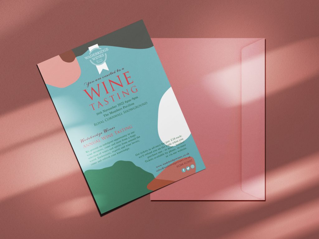 Wadebridge Wines A5 Wine Tasting invitation design and envelope