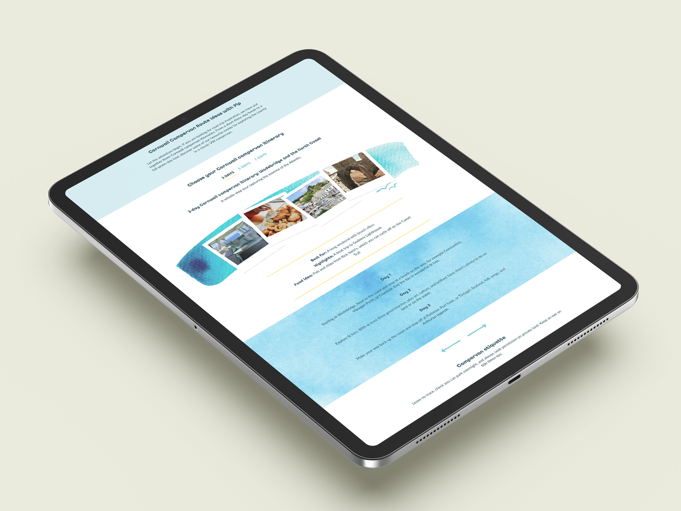 Cornwall campervan itinerary page displayed on a tablet