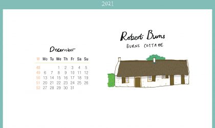 Download the month of December from our 2021 calendar featuring illustrations of classic writer's houses for free for your mobile, tablet and desktop computer background