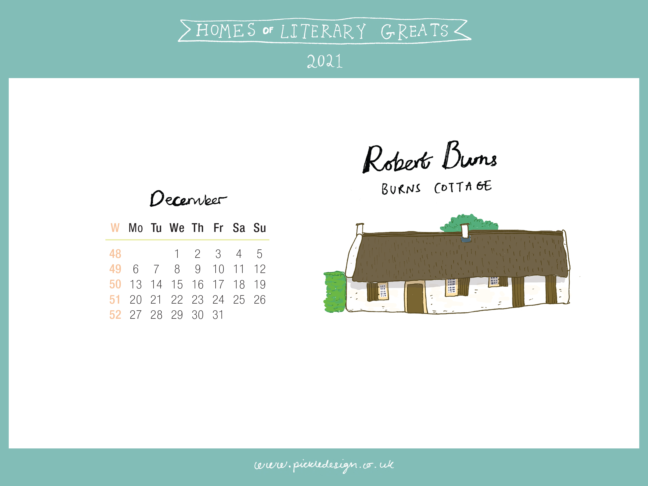 Download the month of December from our 2021 calendar featuring illustrations of classic writer's houses for free for your mobile, tablet and desktop computer background
