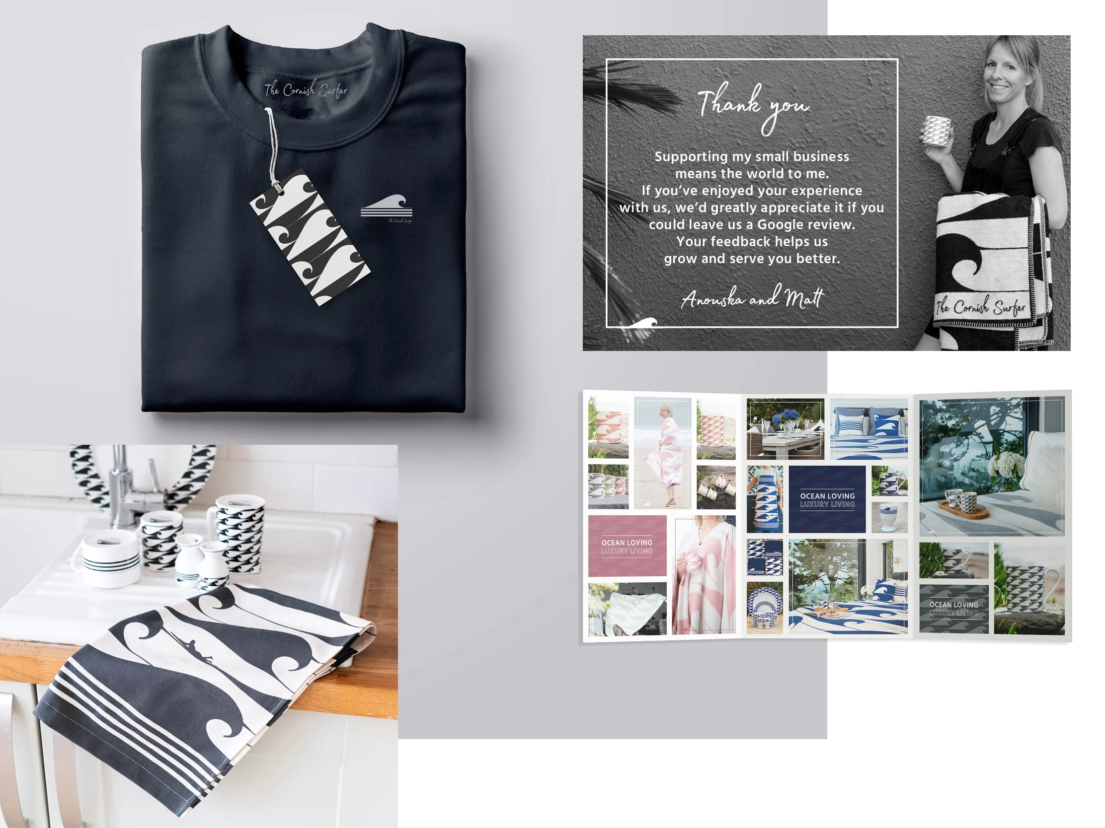 The Cornish Surfer branding applied across clothing, homeware, print and promotional material