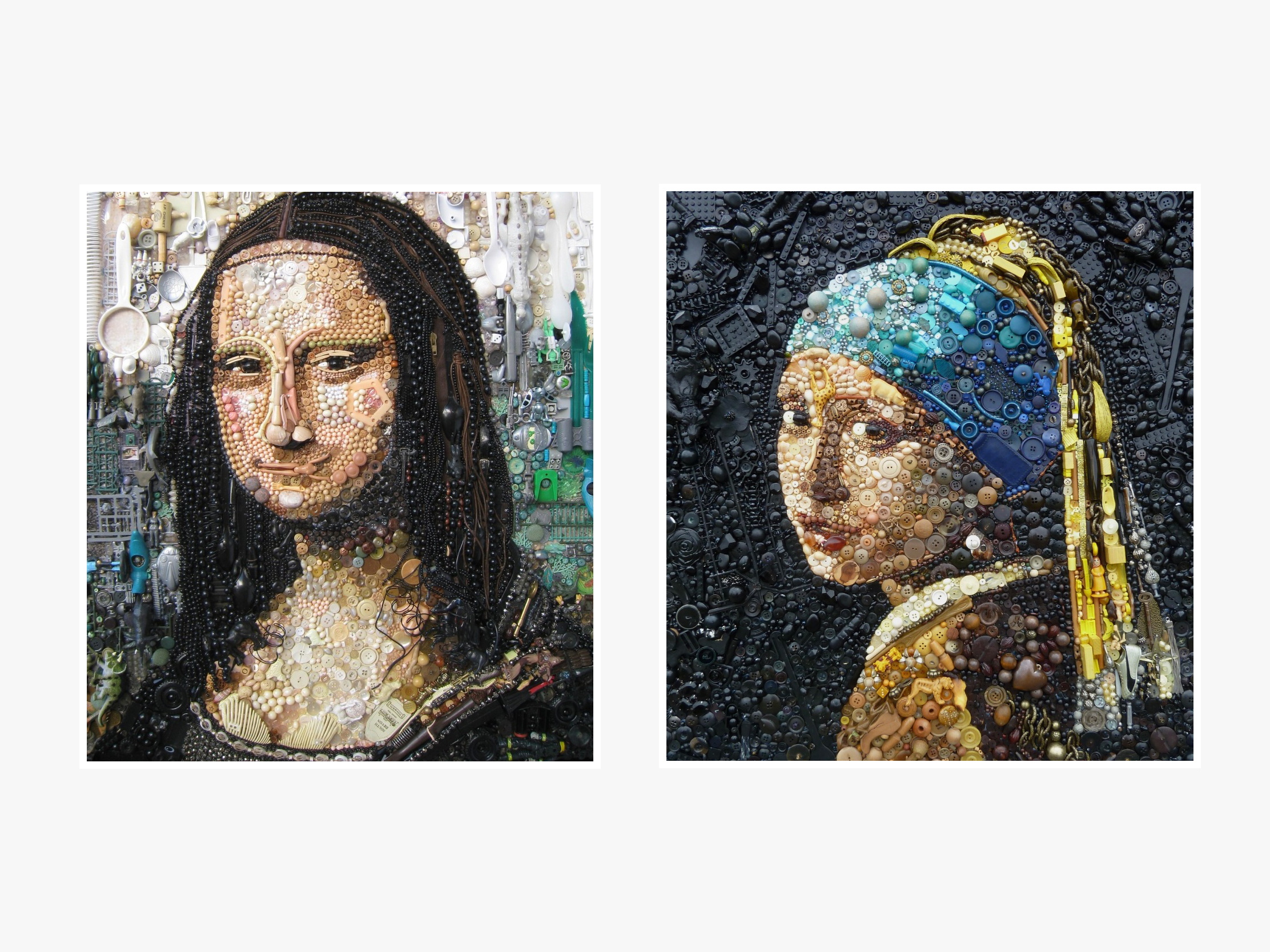 The Mona Lisa and Girl with a Pearl Earring remade in found plastic objects