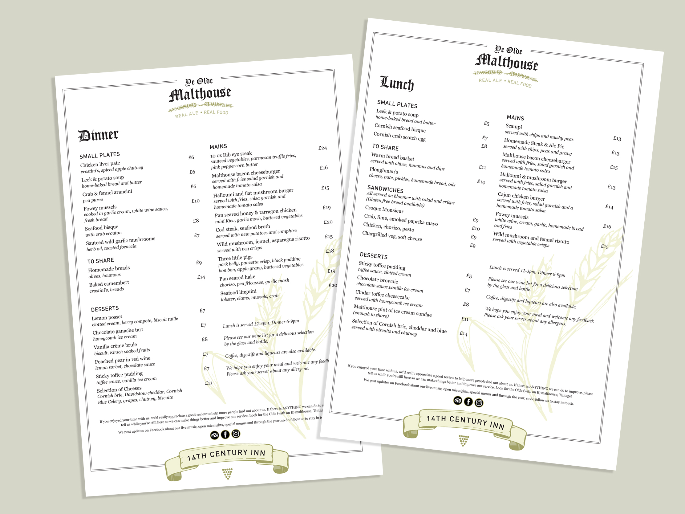 Menu design for the Malthouse Inn, Tintagel, Cornwall