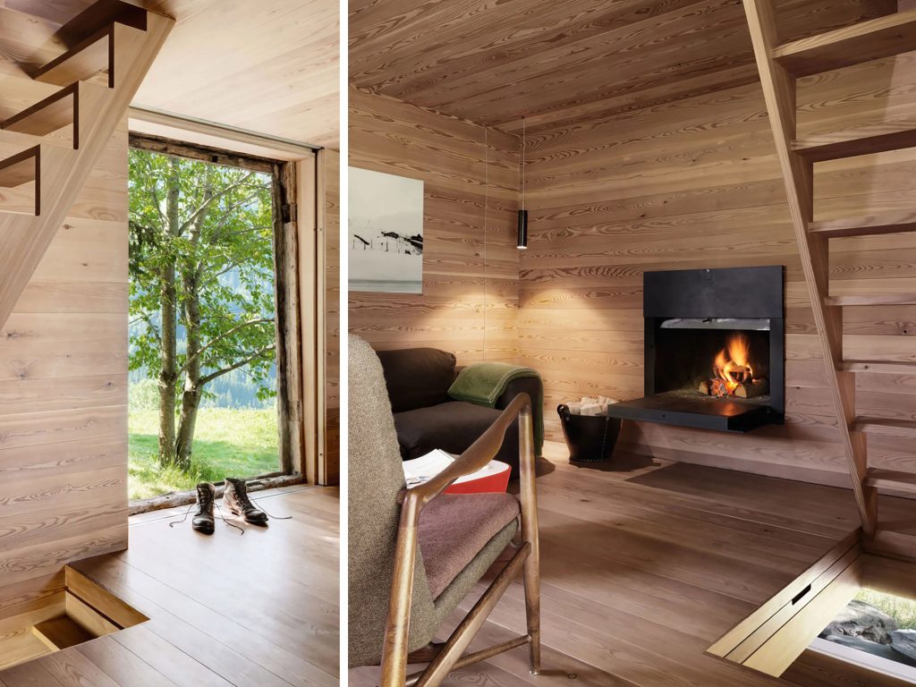 Elegant living area in a architect designed tiny log cabin