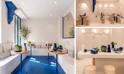 Blue and white with wooden touches in Greek restaurant