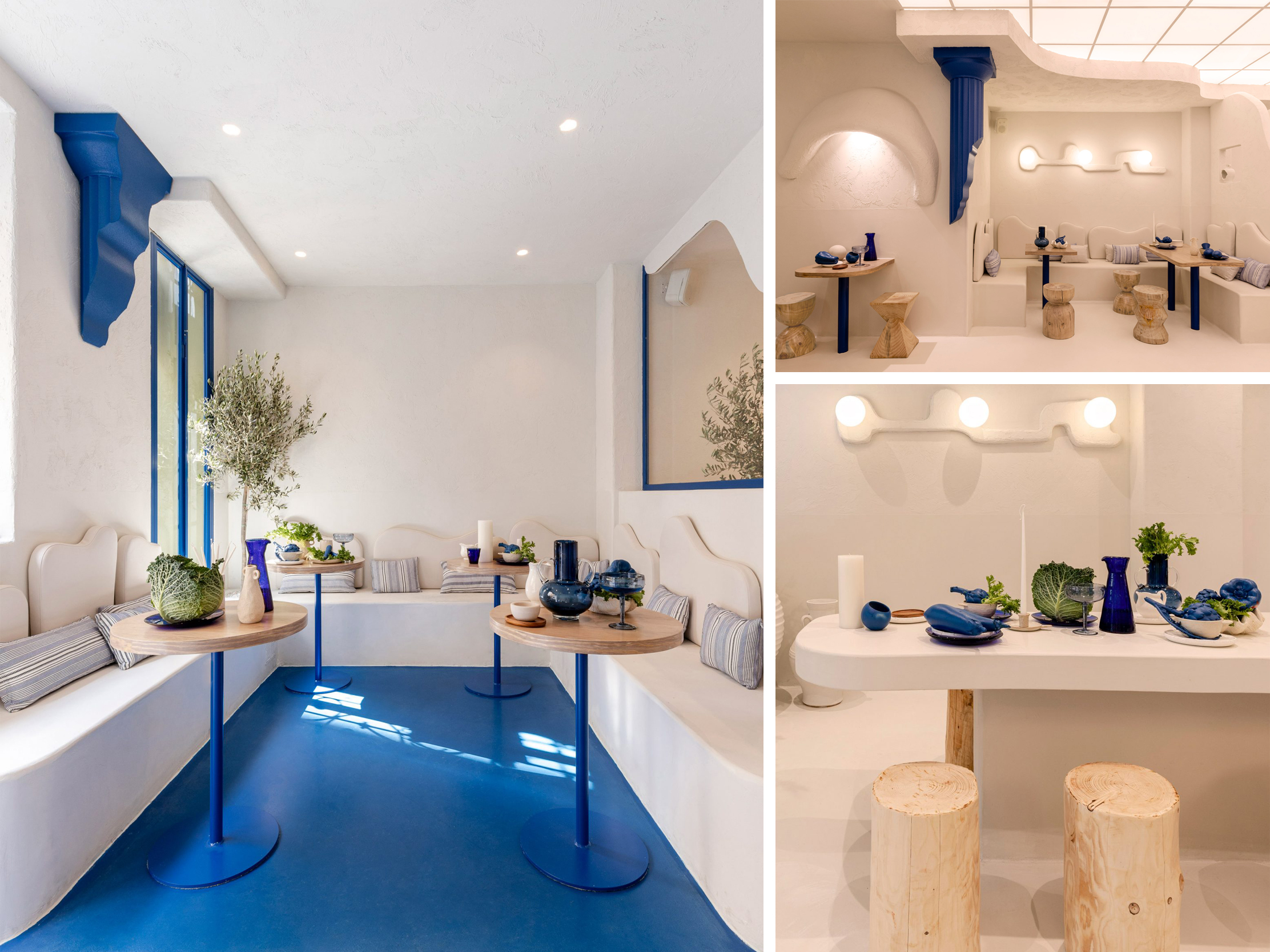 Blue and white with wooden touches in Greek restaurant