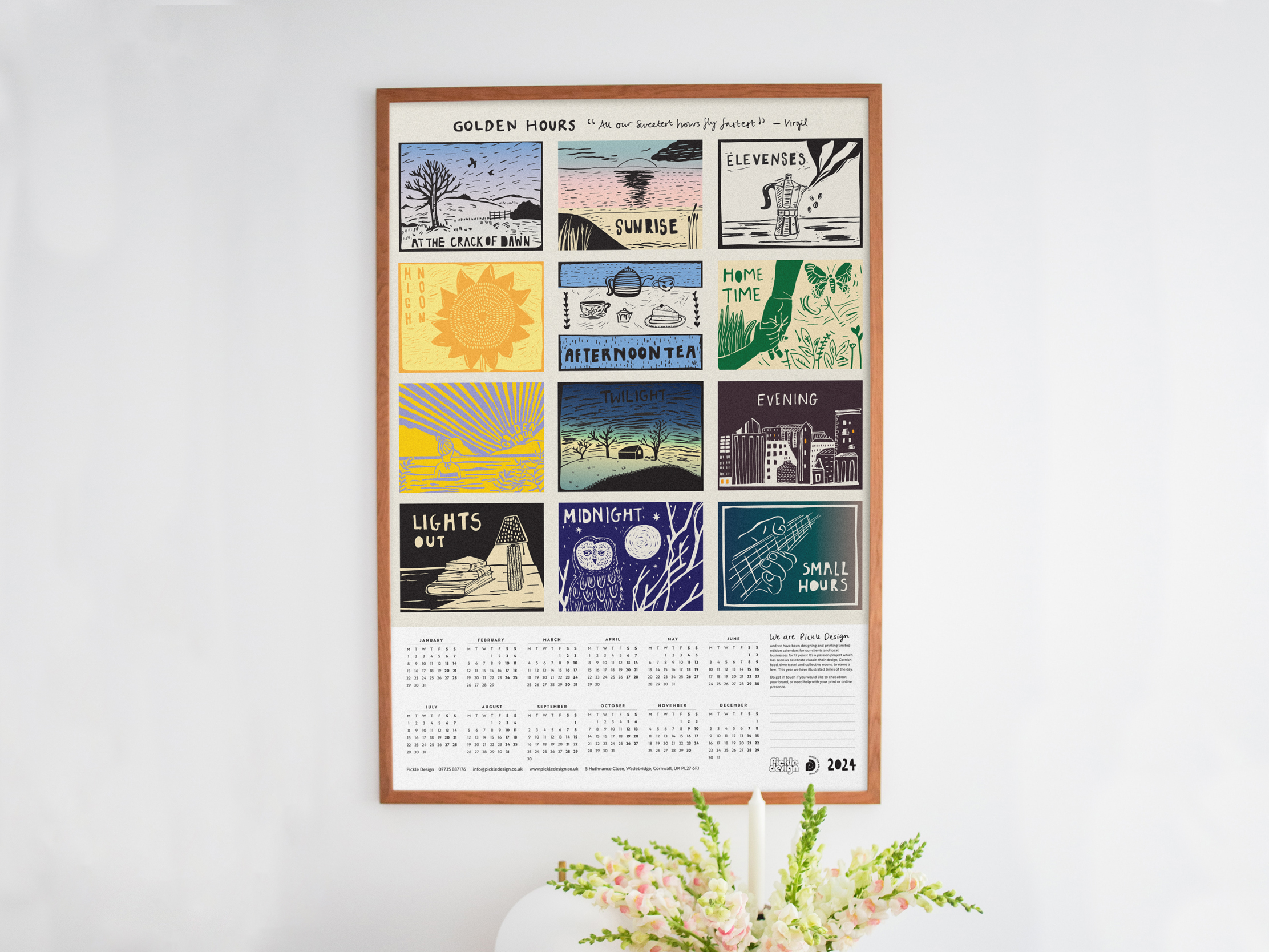 Download our calendar artwork featuring the times of the day in lino-cut style