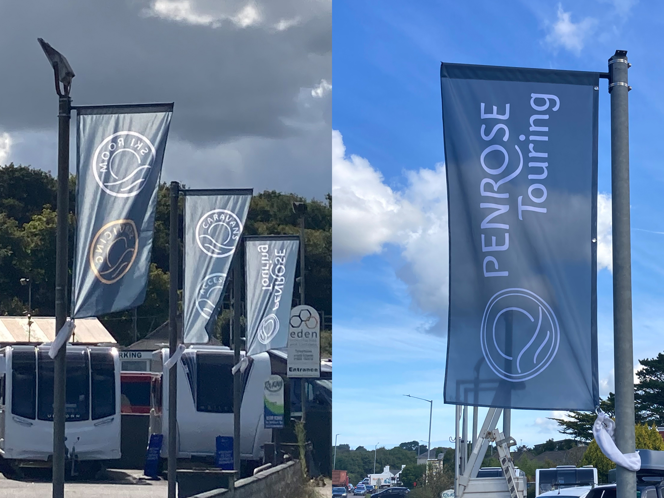 Colourful Penrose Touring forecourt flags beside the road