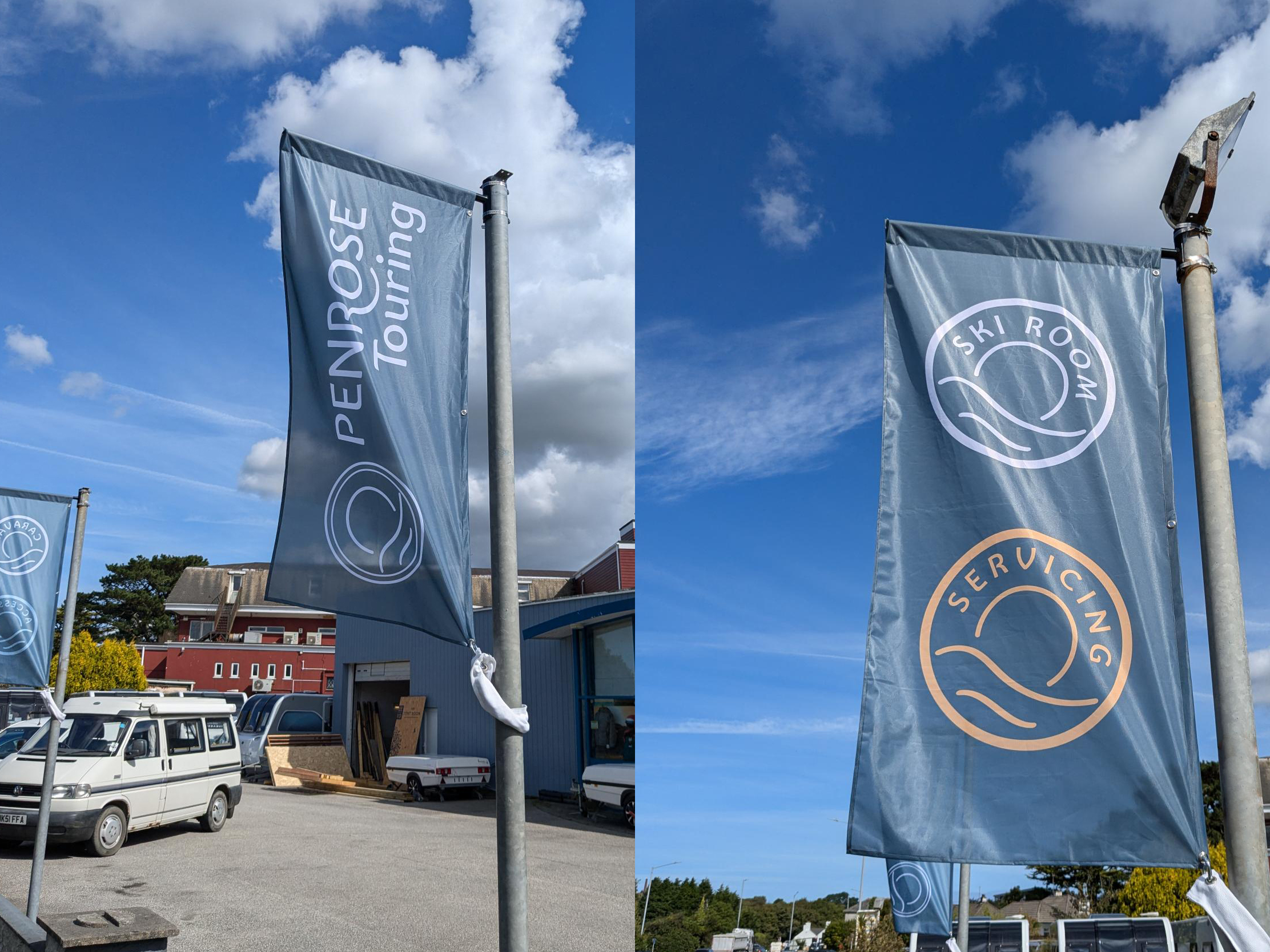 Custom forecourt flags designed for Penrose Touring in Cornwall