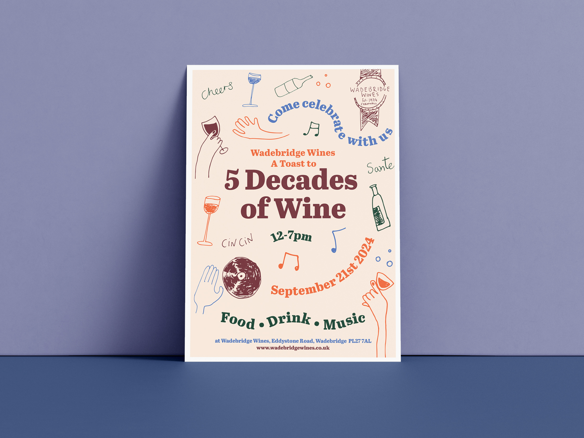 Illustrated poster design for Wadebridge Wines’ 5 Decades anniversary event