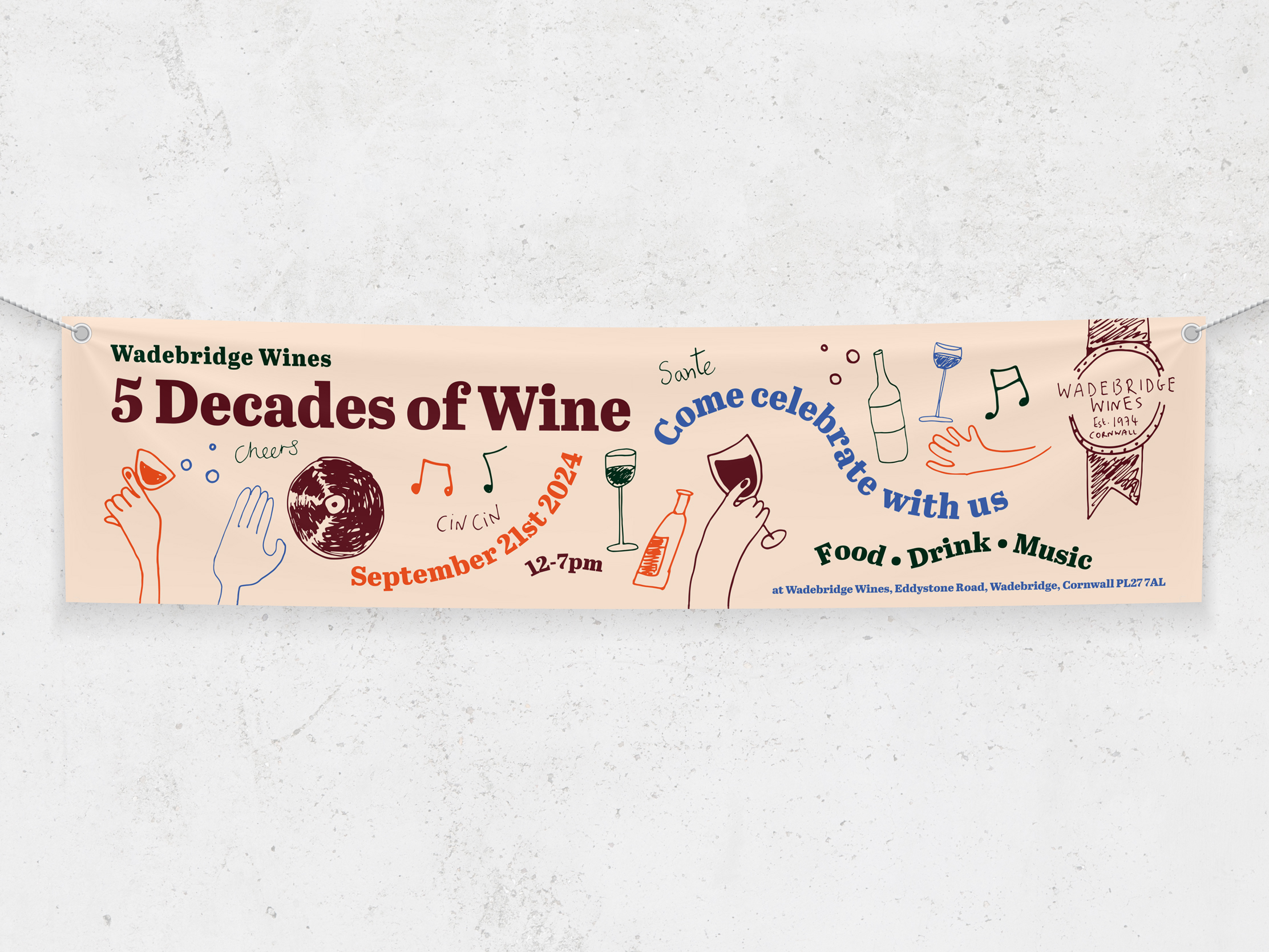 Large illustrated banner for Wadebridge Wines’ 50th anniversary event