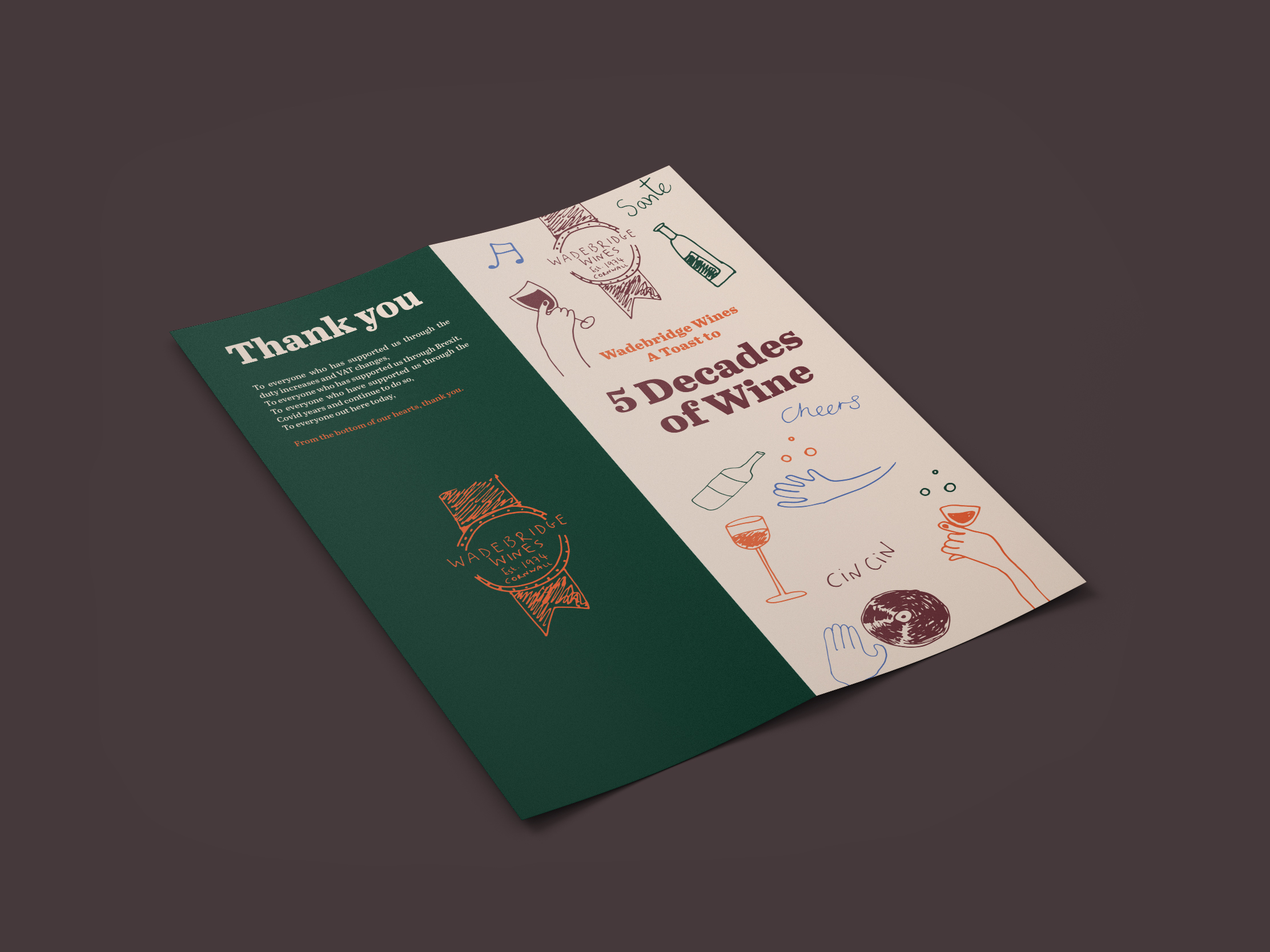 Menu-style illustrated brochure designed for Wadebridge Wines’ 5 Decades event