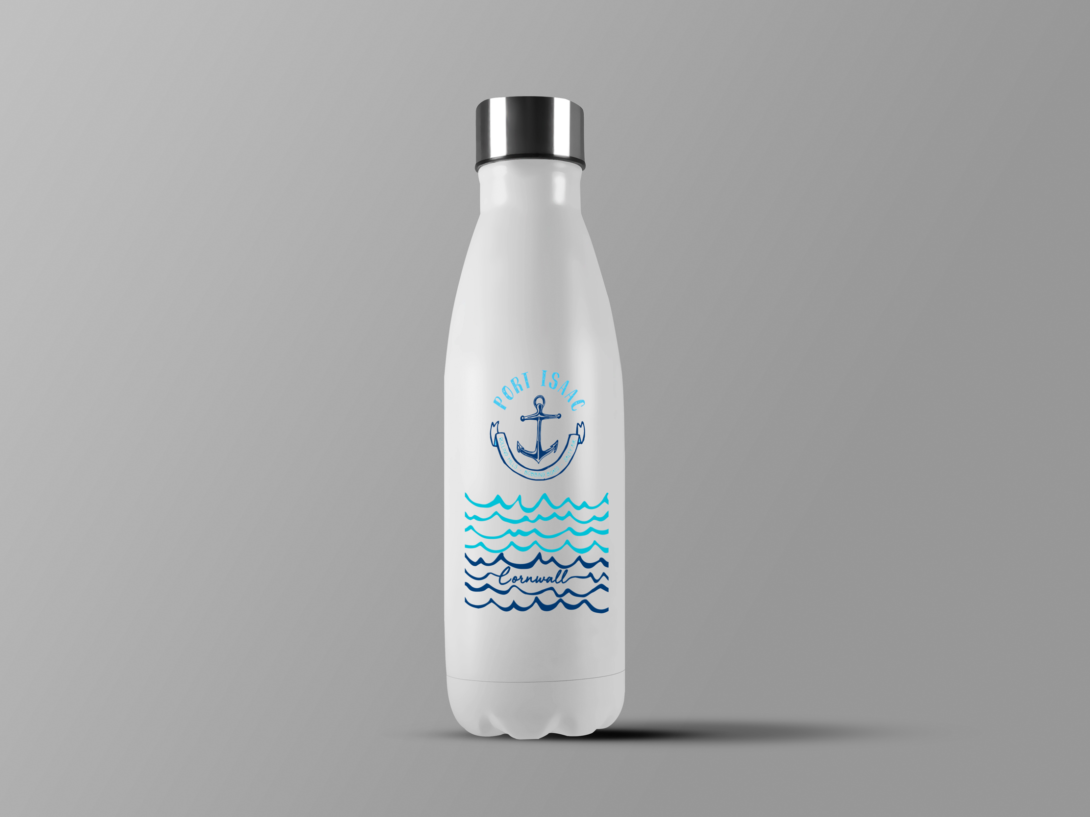 White Harbour Treats water bottle with an illustrated Port Isaac anchor and wave design