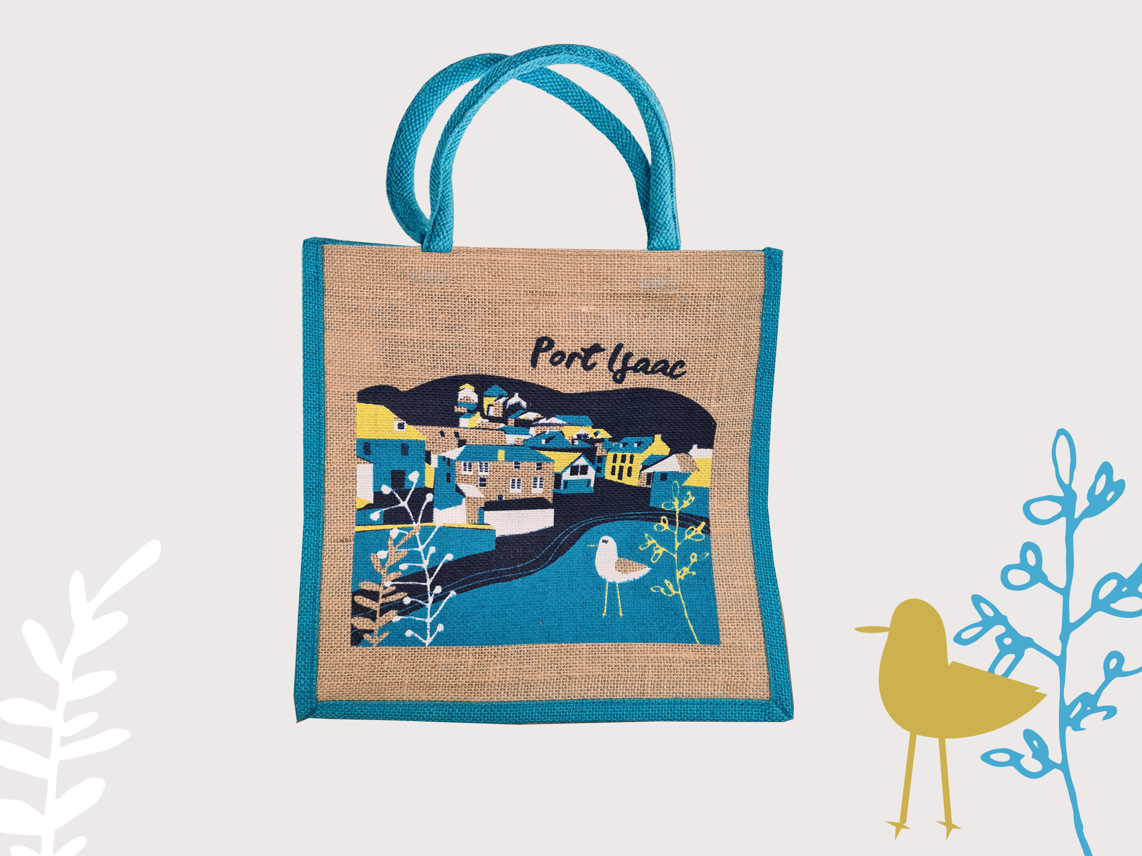Harbour Treats jute shopping bag with a colourful illustration of Port Isaac harbour