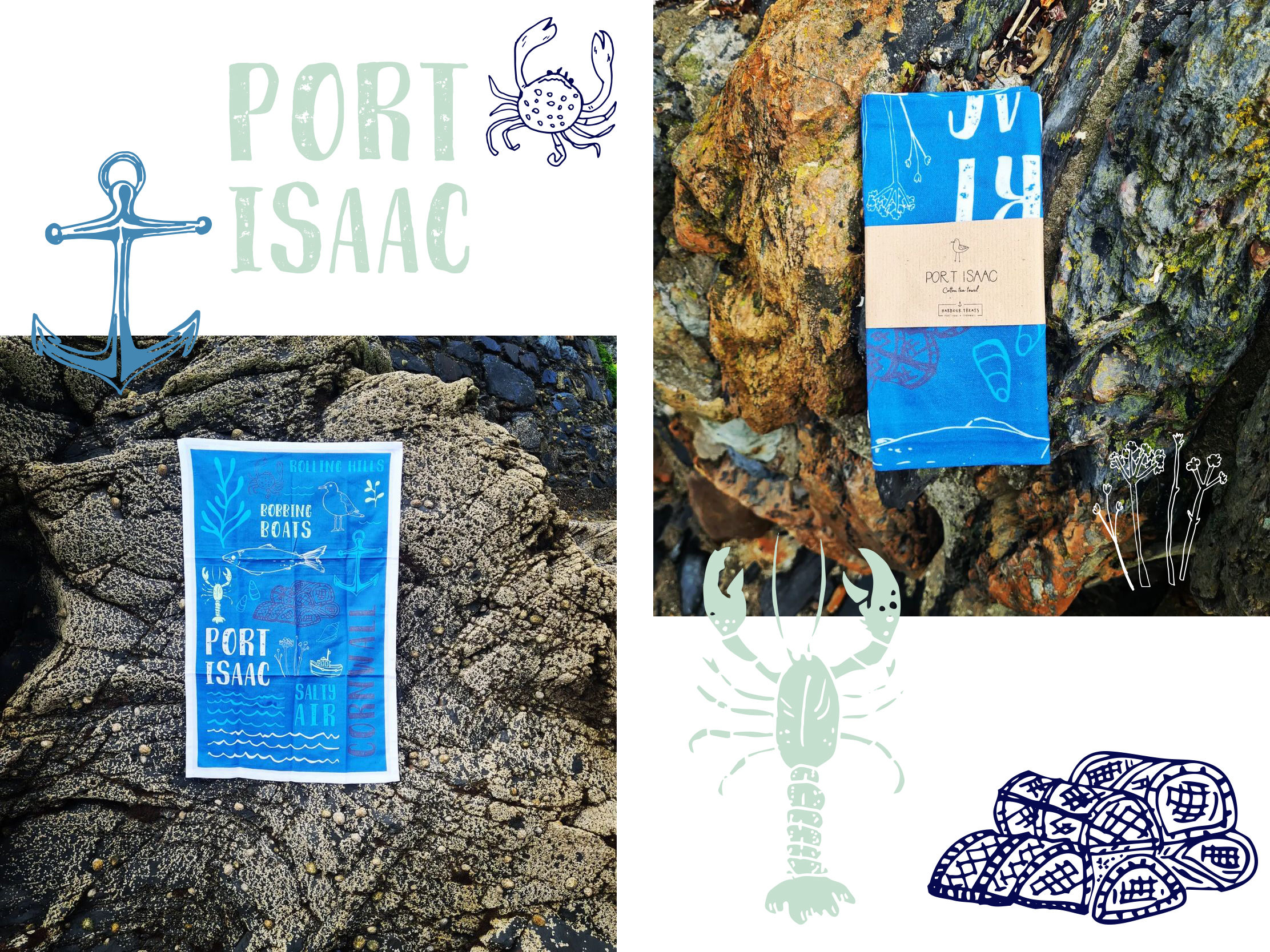 Port Isaac tea towel shown on coastal rocks alongside crab, lobster, shell and anchor illustrations