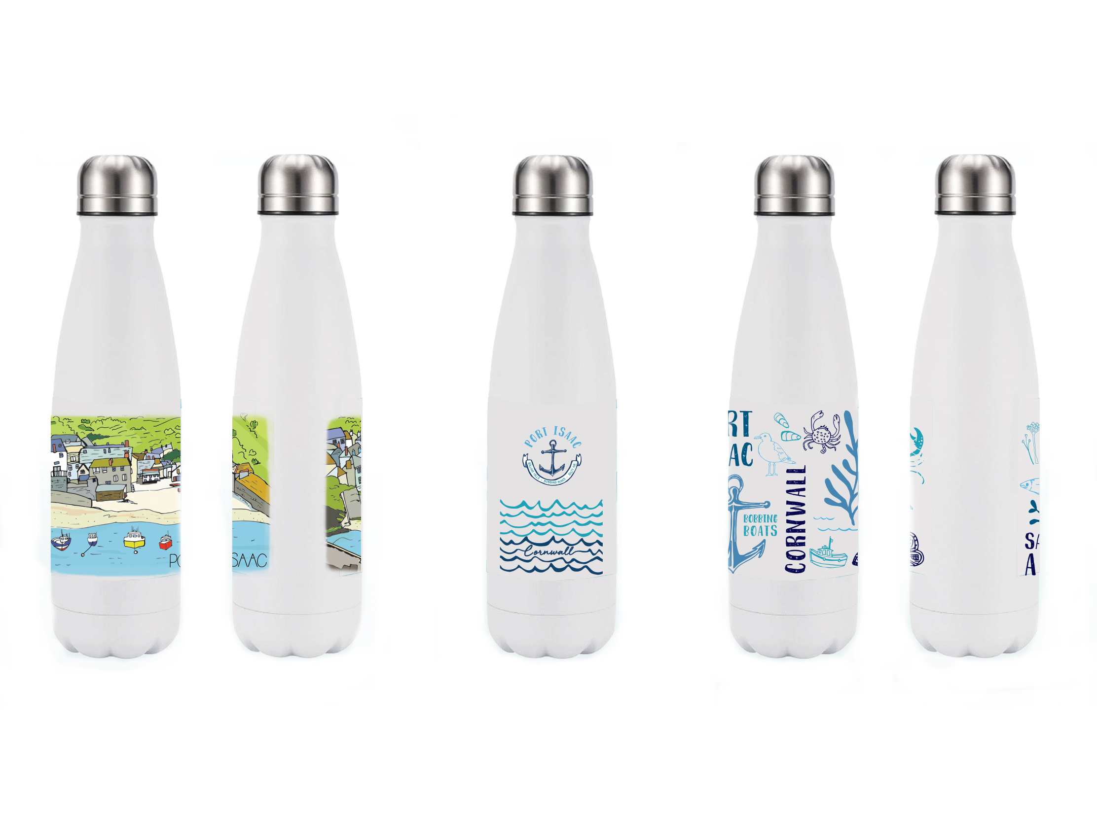 Range of white Harbour Treats water bottles with Port Isaac village scenes and coastal illustrations