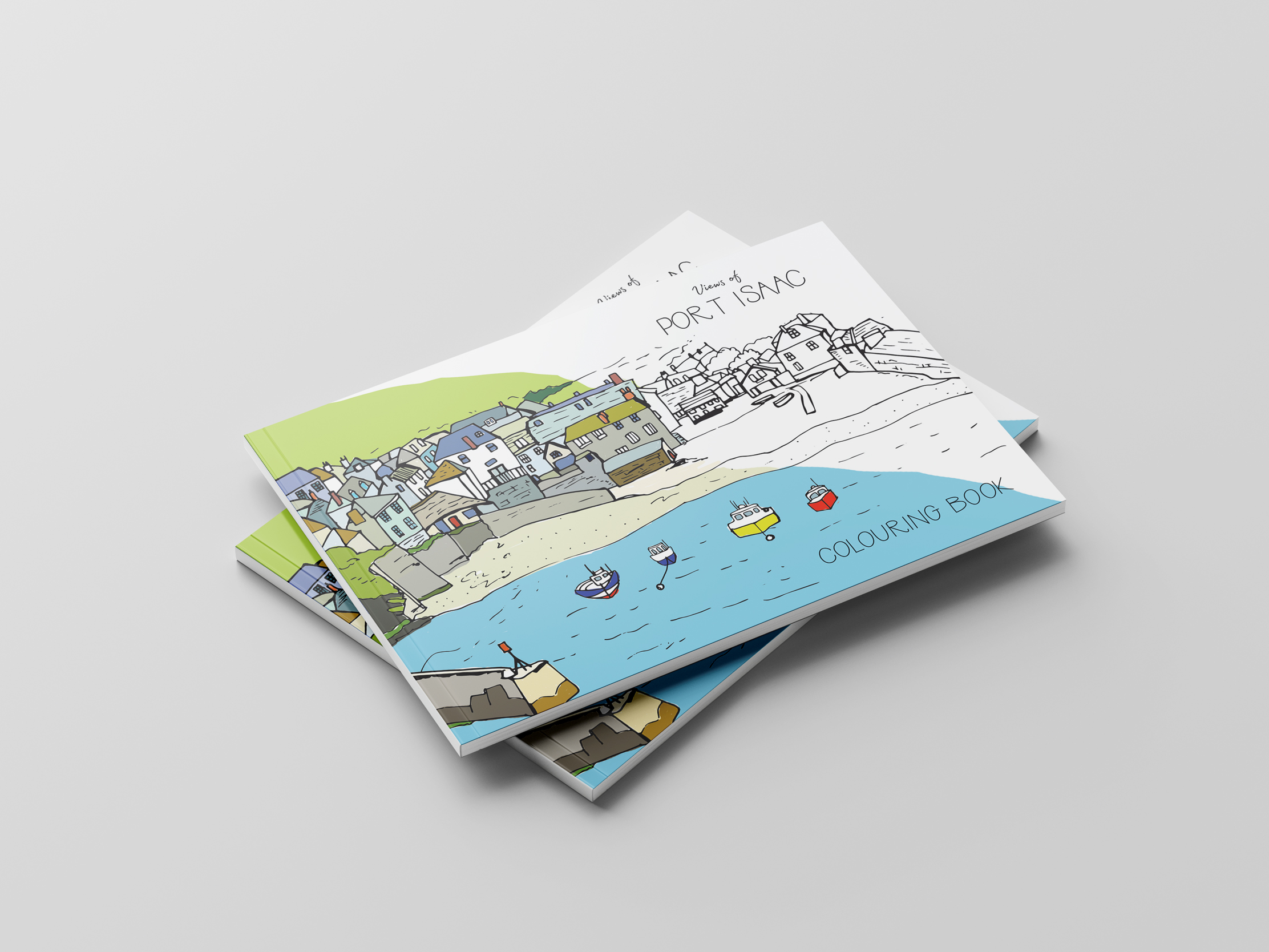 Full-colour cover of the illustrated Harbour Treats colouring book inspired by Port Isaac