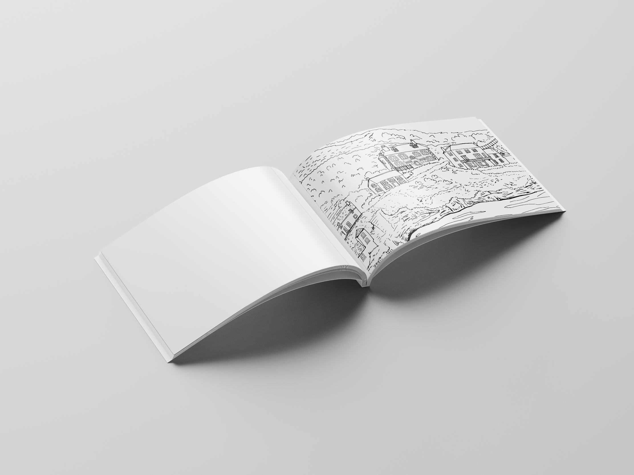 Detailed black-and-white Port Isaac illustration created for a colouring book