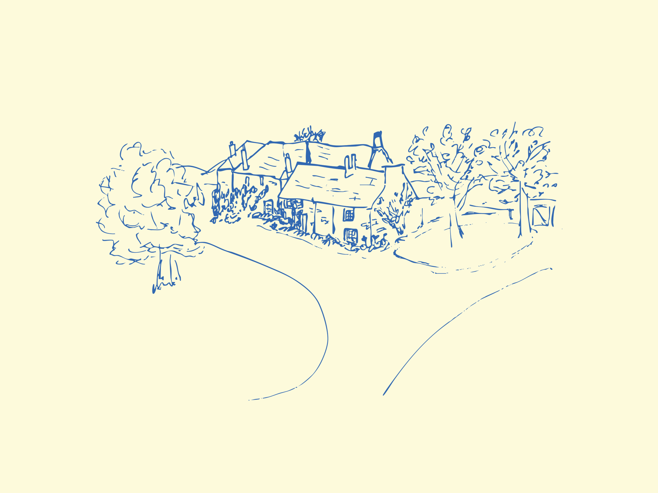 A detailed, hand-drawn illustration of Trewornan Manor, the stone building venue for the Wadebridge Wines 2025 event.