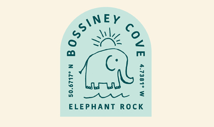 A graphic logo icon for Bossiney Cove in North Cornwall, featuring a stylised line drawing of an elephant to represent the local rock formation.