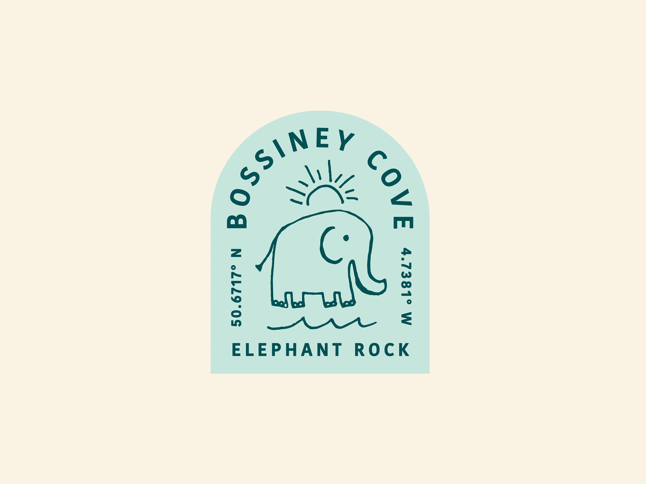 Logo for Bossiney Cove featuring a hand-drawn illustration of the “Elephant Rock” formation, set within a mint-green arch with location coordinates and the words “Elephant Rock”.