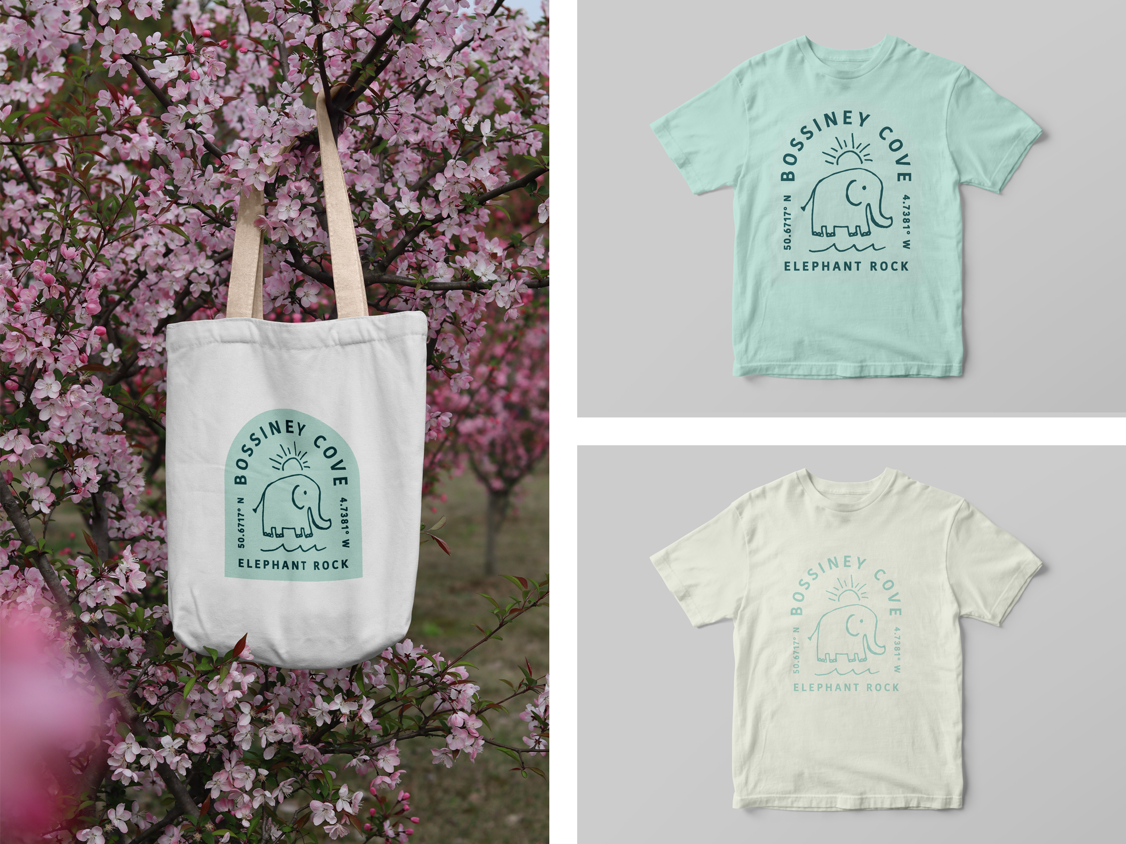 Branded retail merchandise design for the Bossiney Cove shop. The Elephant Rock logo is shown screen-printed onto a canvas tote bag hanging from a tree, and onto mint and cream cotton t-shirts.