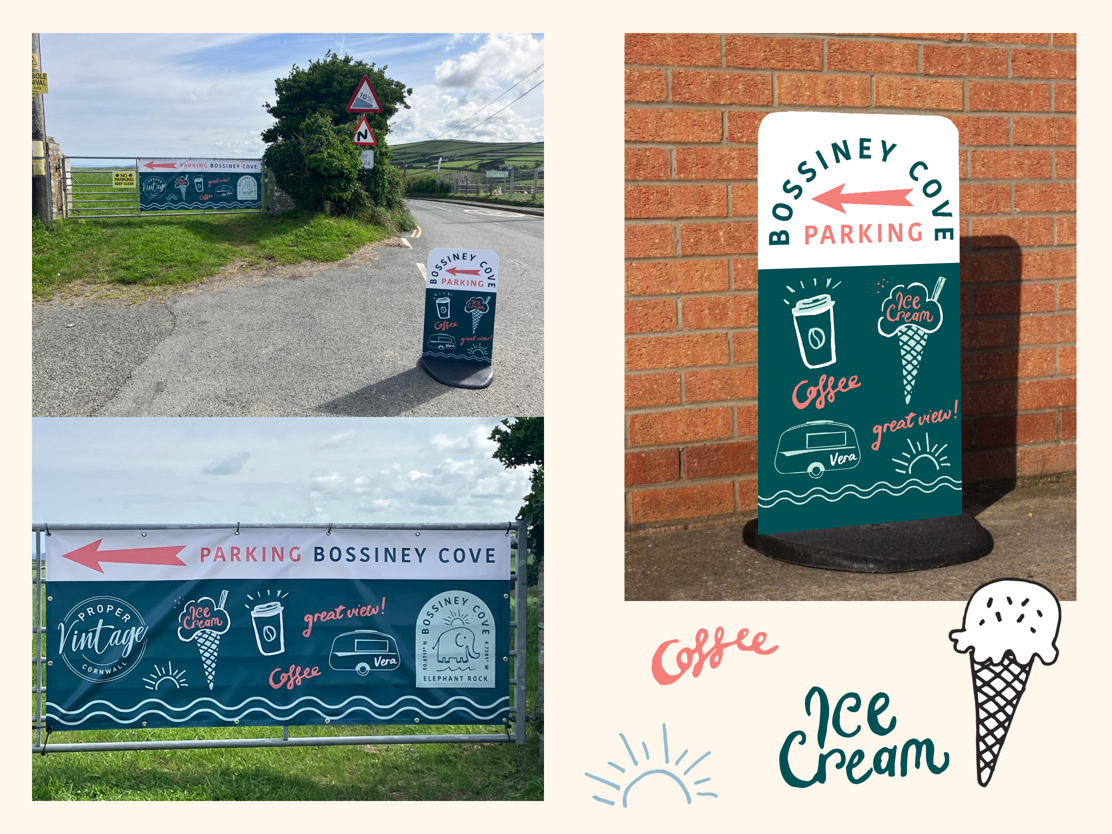 Wayfinding signage designed for the Bossiney Cove cliff top car park. The image shows a large vinyl banner attached to a gate and a pavement swing-sign, both featuring playful illustrations of ice cream, coffee, and a vintage caravan to direct visitors.