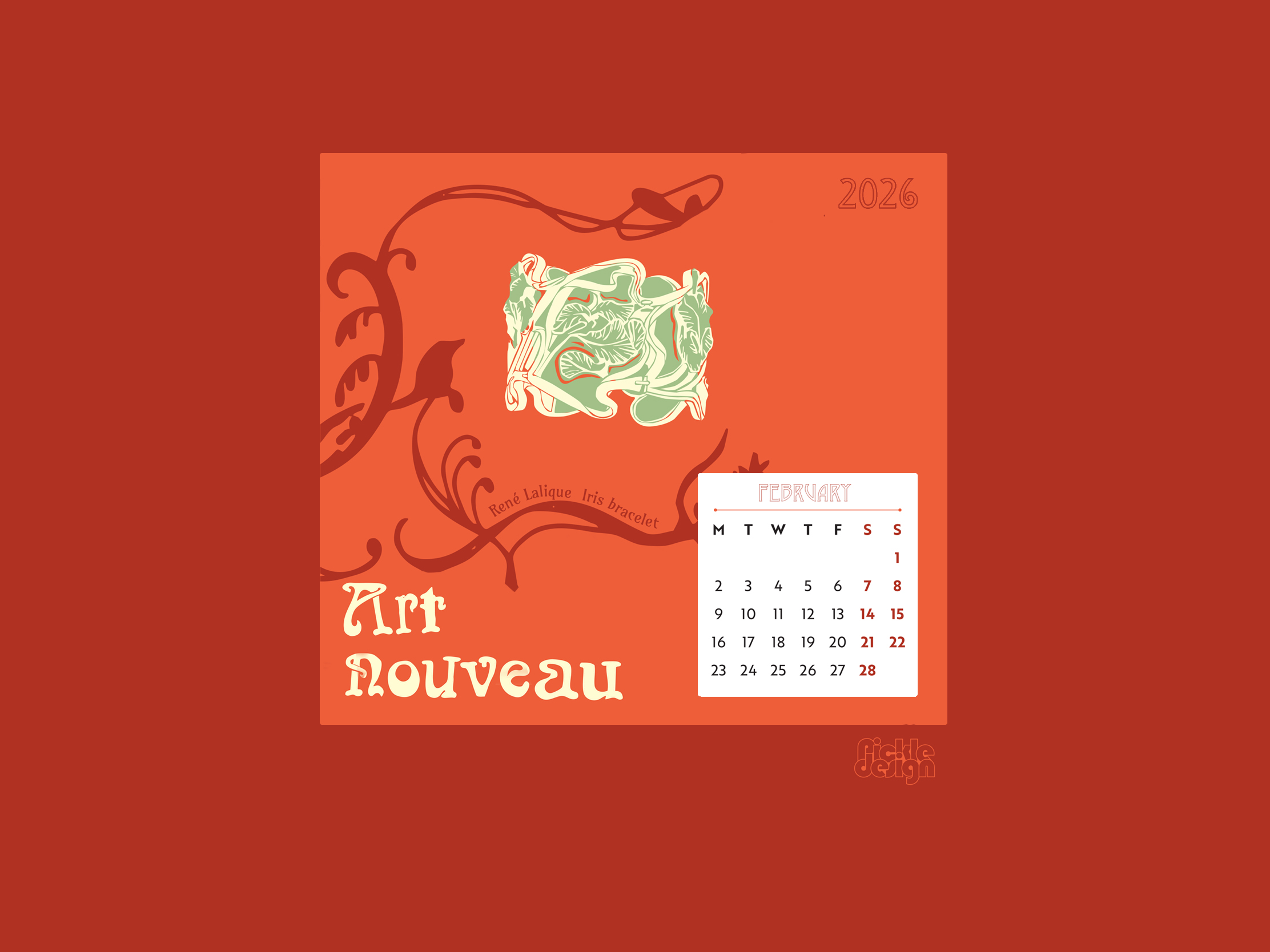 Illustration of the Iris Bracelet by René Lalique for February 2026 Art Nouveau calendar by Pickle Design