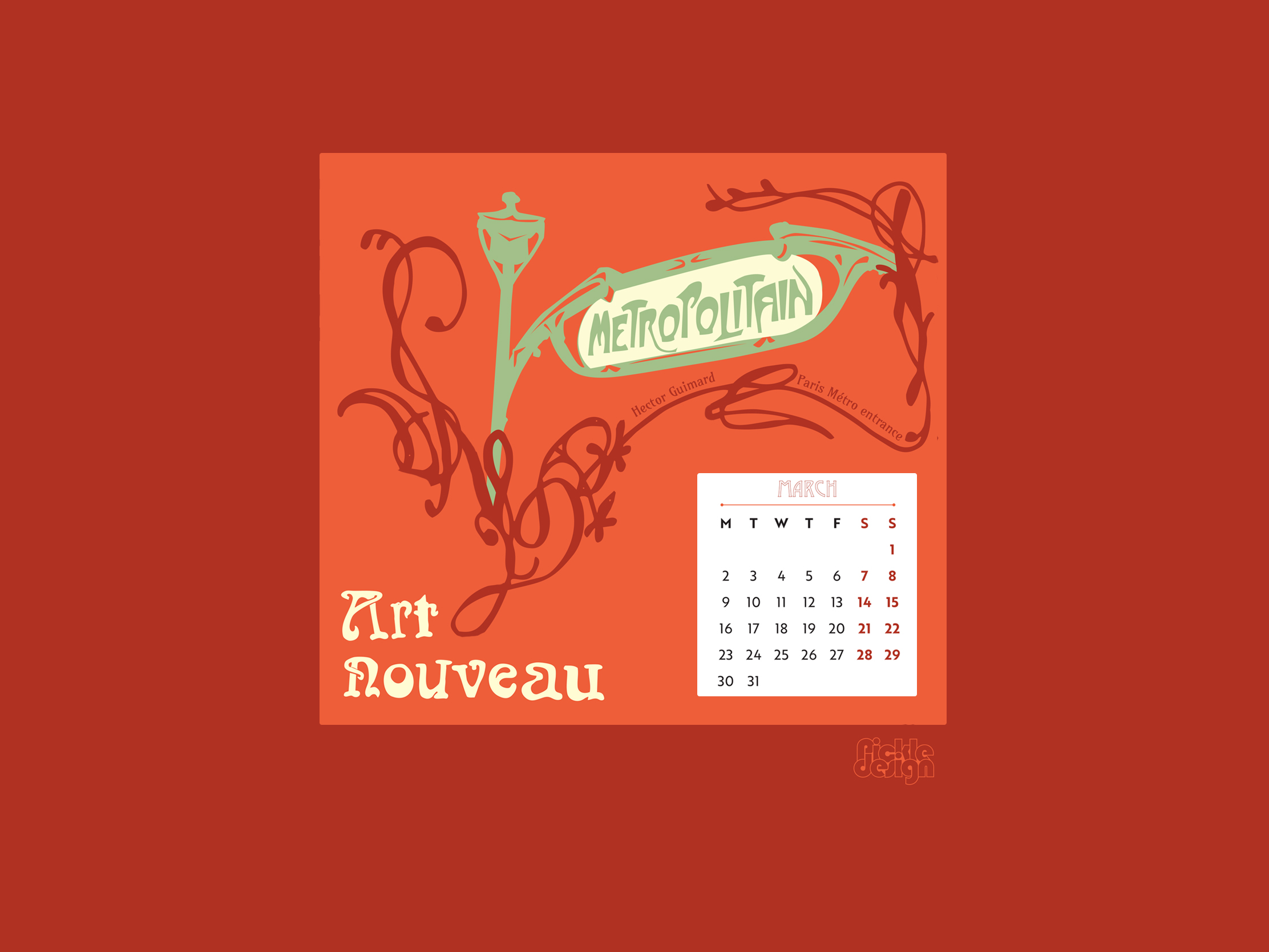 Illustration of the Paris metro sign by Hector Guimard for March 2026 Art Nouveau calendar by Pickle Design