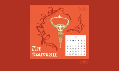 Illustration of the Fuchsia Necklace by Alphone Mucha for April 2026 Art Nouveau calendar by Pickle Design