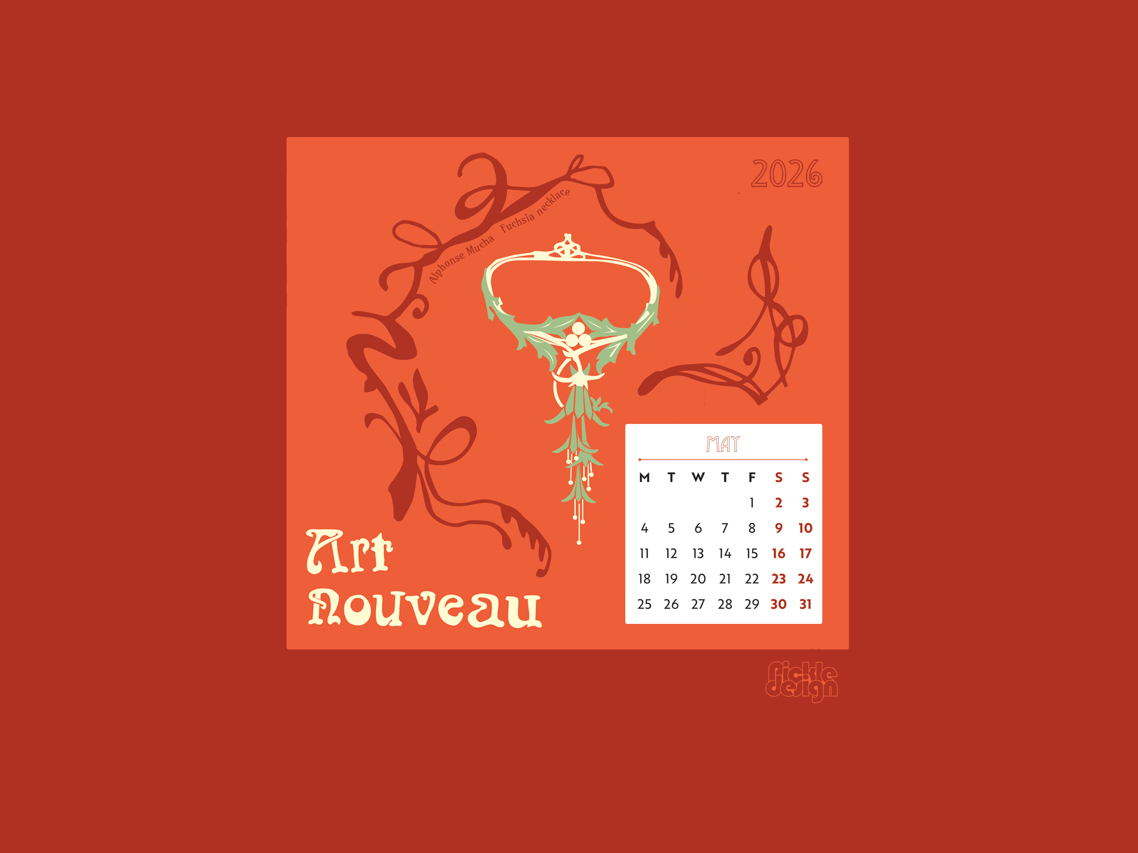 Illustration of the Fuchsia Necklace by Alphone Mucha for April 2026 Art Nouveau calendar by Pickle Design