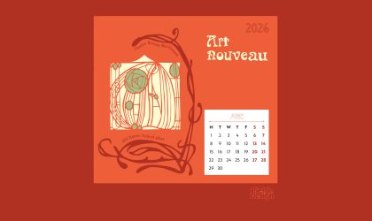 Illustration of the stained glass at Hill House Glasgow by Rennie Mackintosh for June 2026 Art Nouveau calendar by Pickle Design