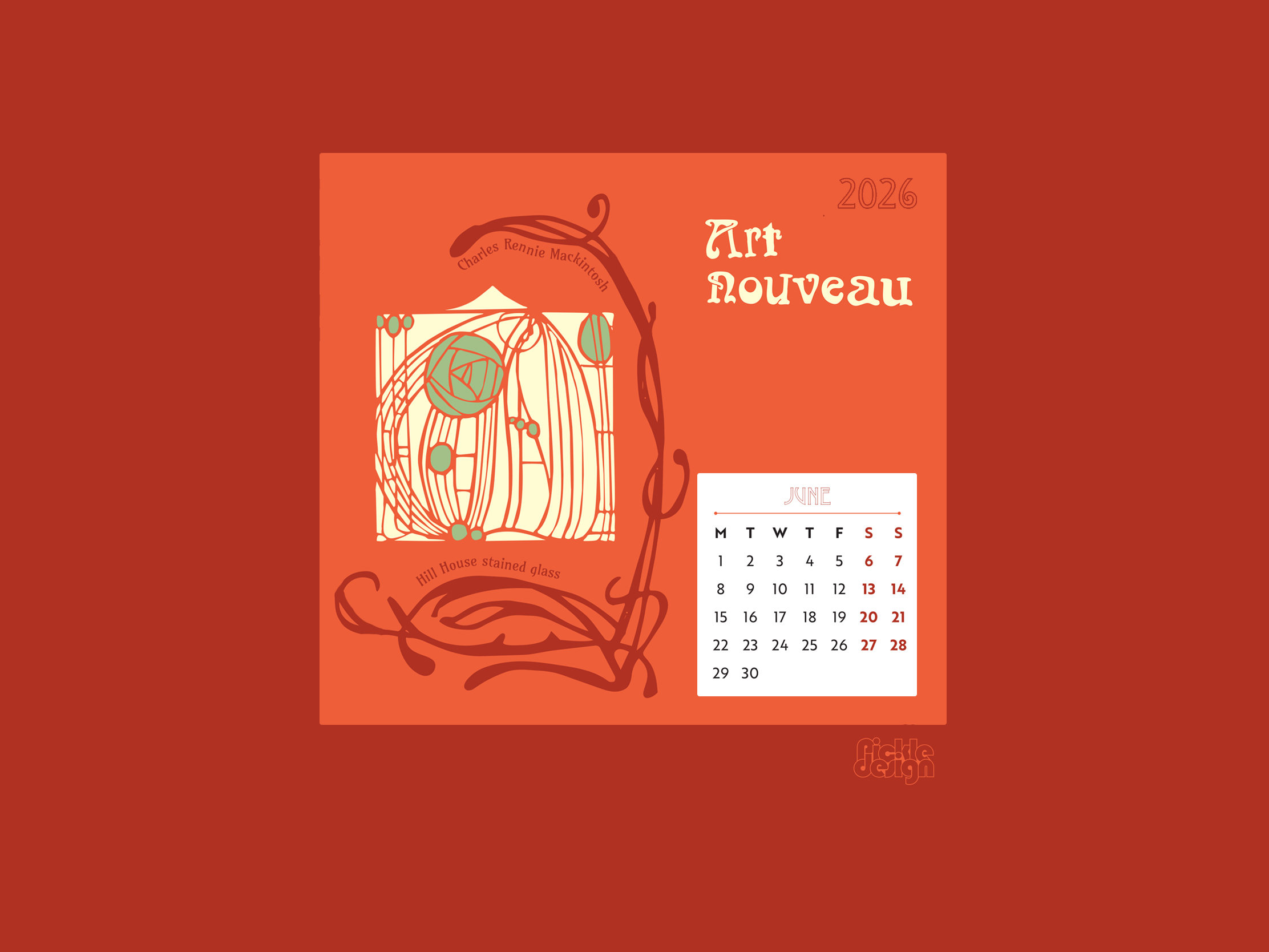 Illustration of the stained glass at Hill House Glasgow by Rennie Mackintosh for June 2026 Art Nouveau calendar by Pickle Design