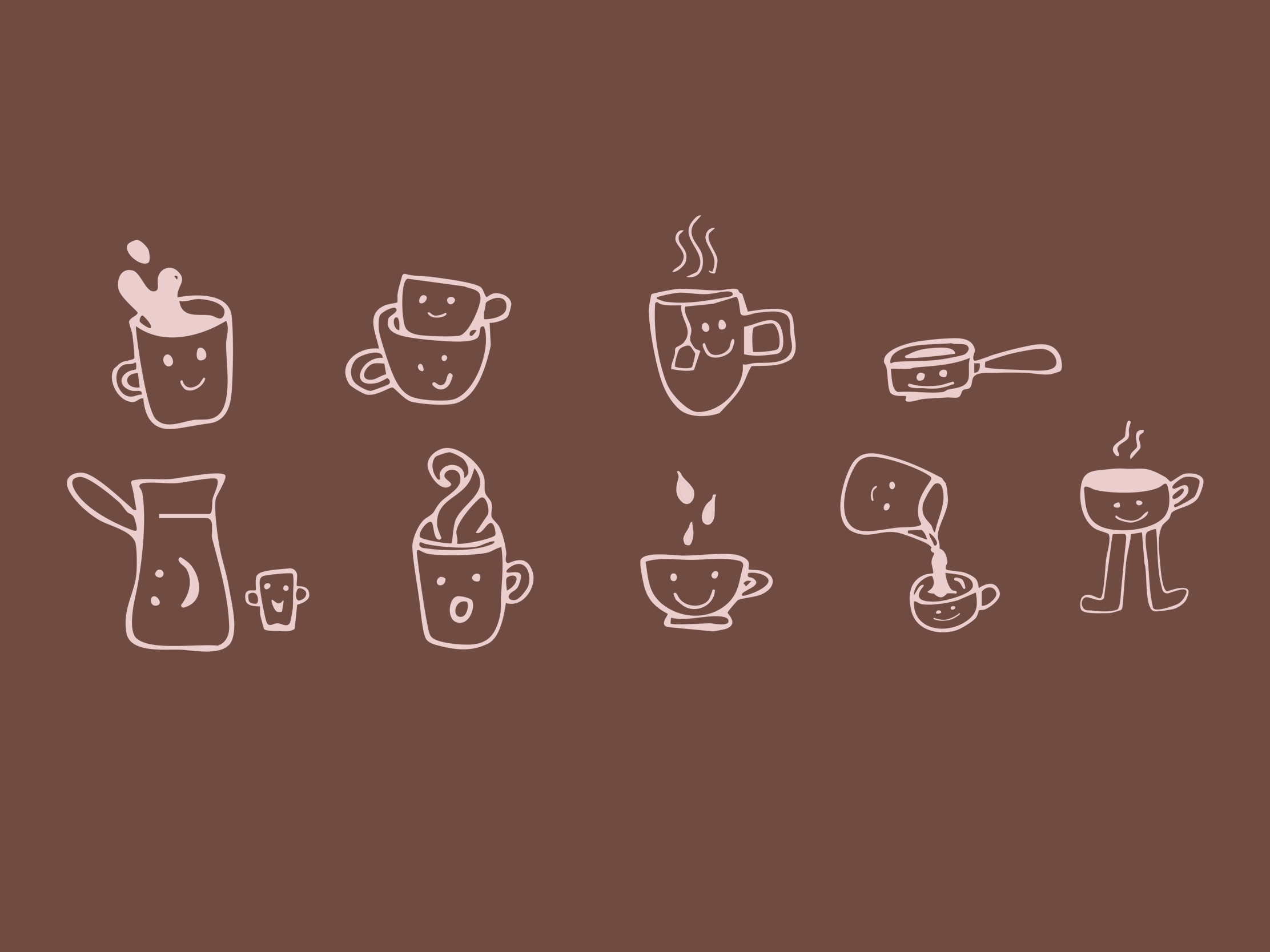 Playful Cocoa brand illustrations featuring cups, jugs, coffee and hot drinks