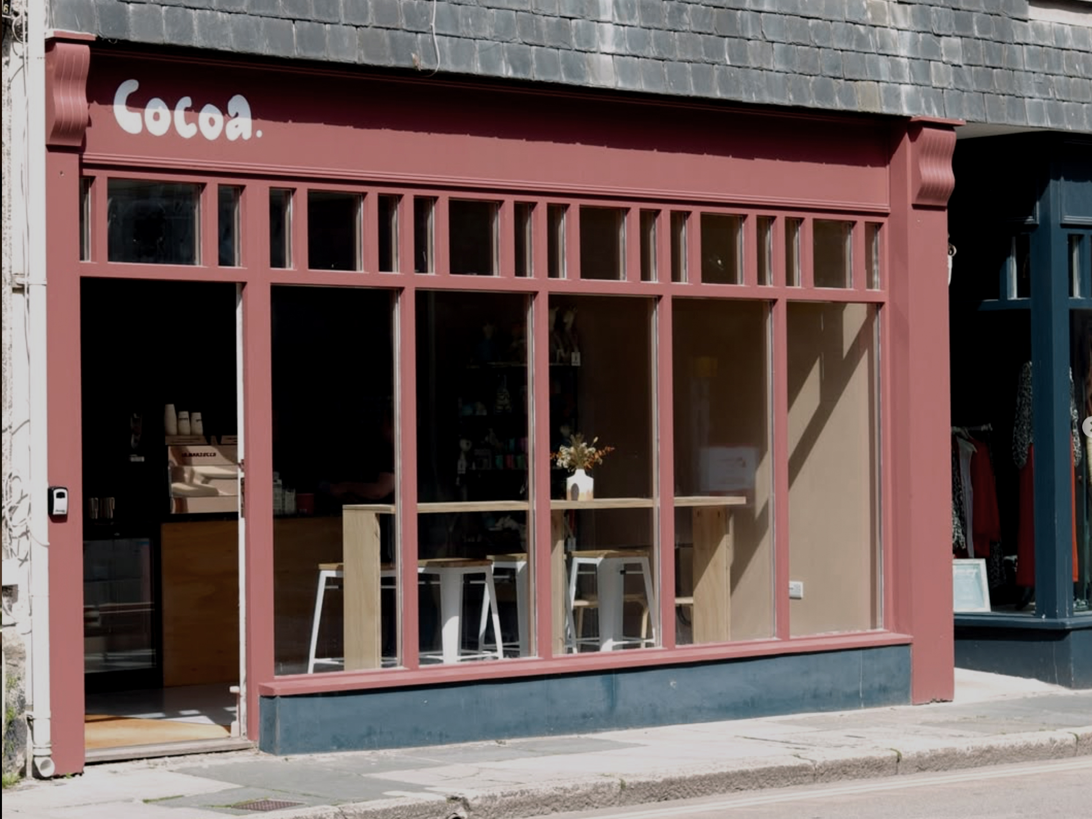Cocoa shop front in Truro showing the new brand identity and painted frontage