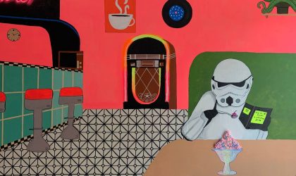 Stormtrooper-style character sitting in a retro diner with an ice cream sundae in the painting Ice, Ice, Baby