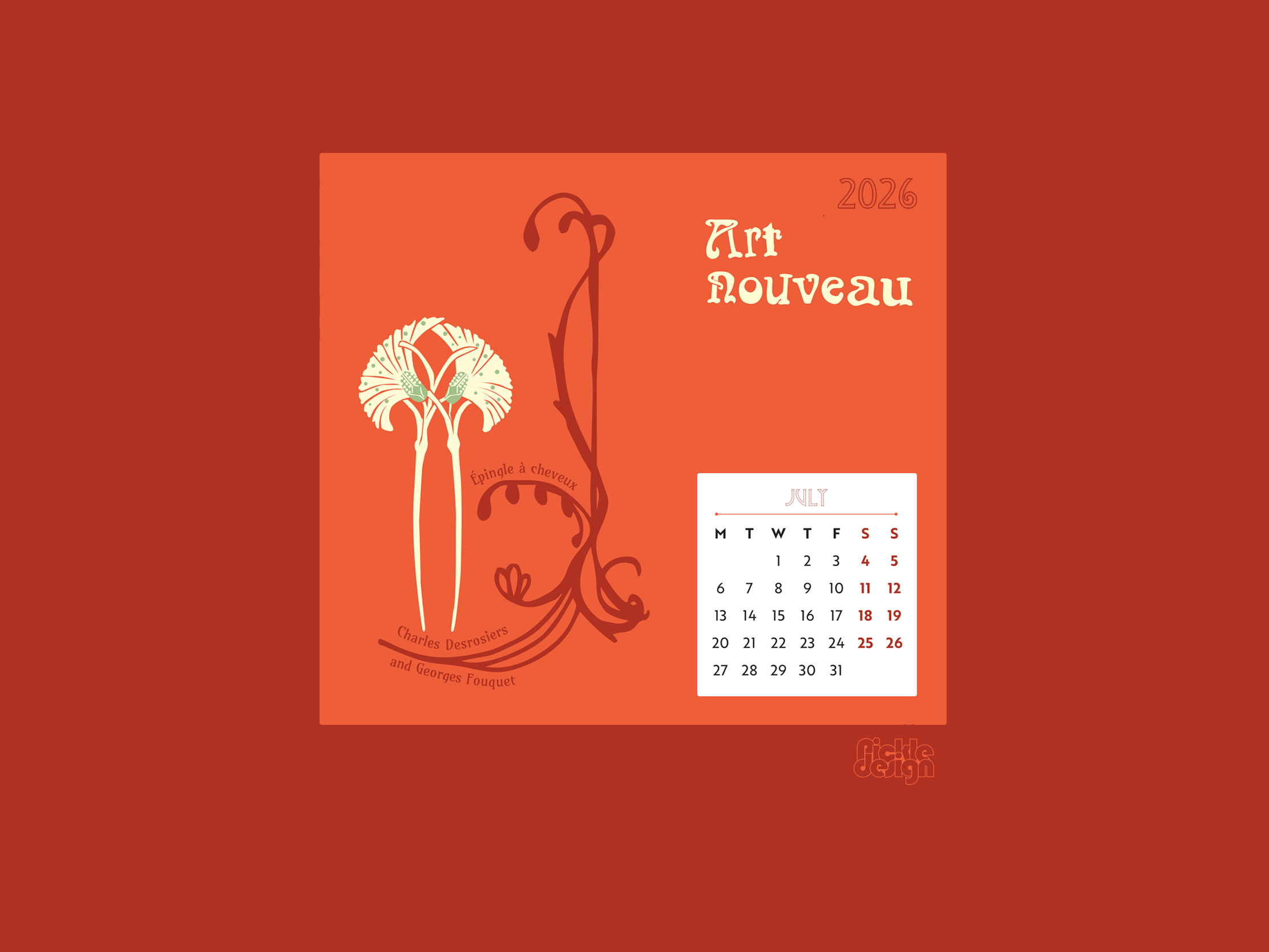 Illustration of hairclips designed by Charles Desrosiers and made by Georges Fouquet for the July 2026 Art Nouveau calendar by Pickle Design