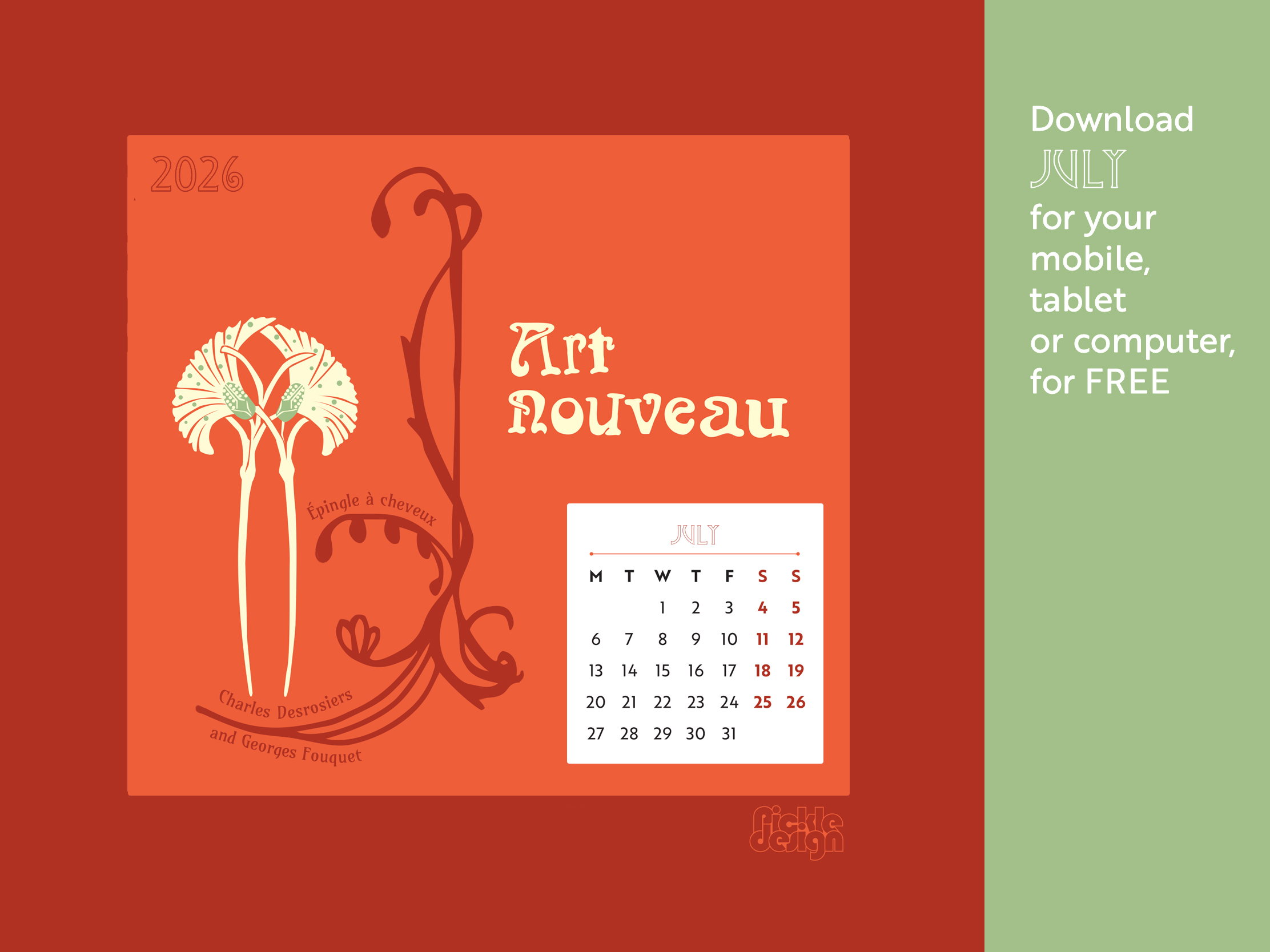 Illustration of hairclips designed by Charles Desrosiers and made by Georges Fouquet for the July 2026 Art Nouveau calendar by Pickle Design