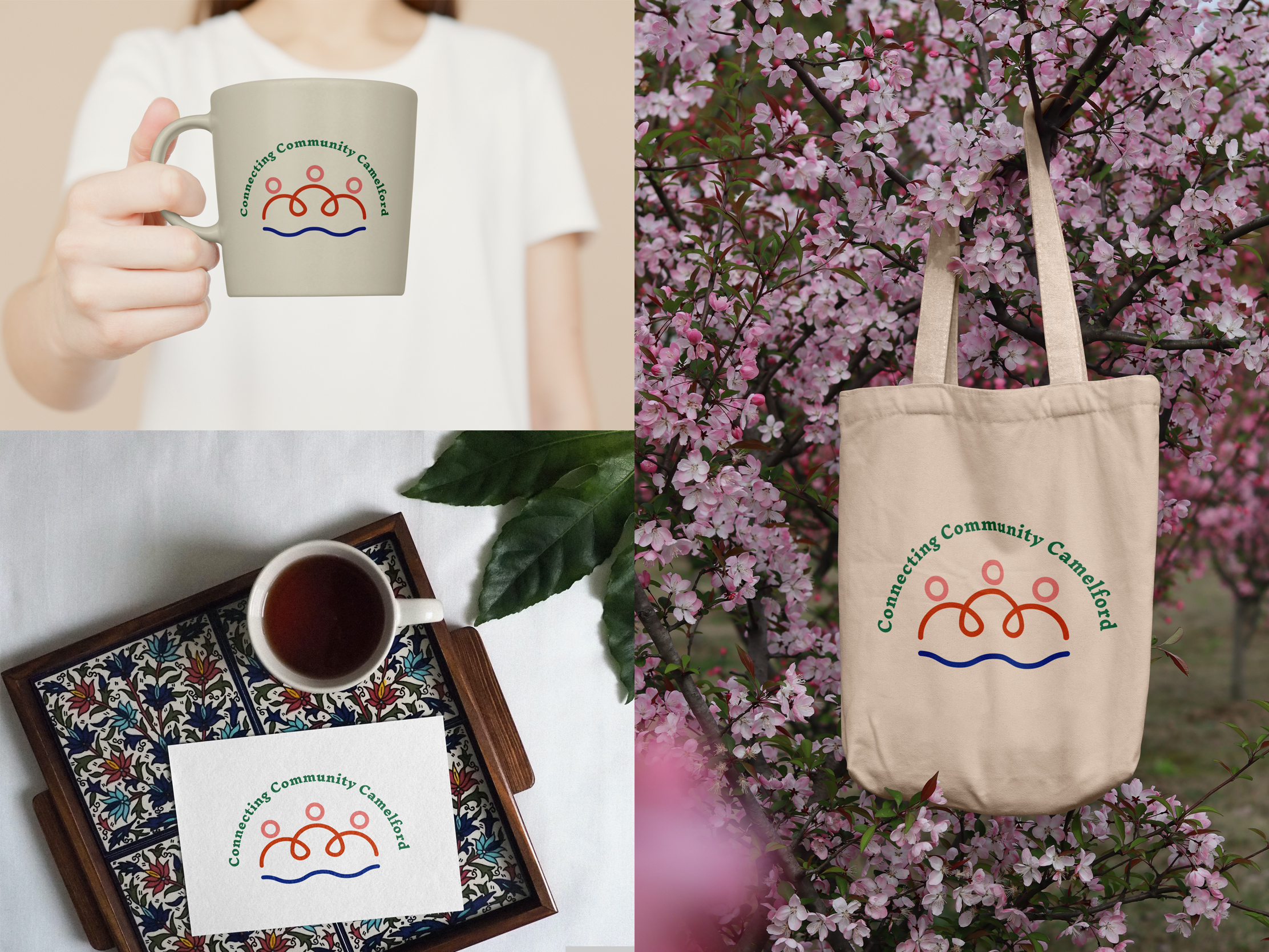 Connecting Community Camelford logo shown on a mug, tote bag and printed materials