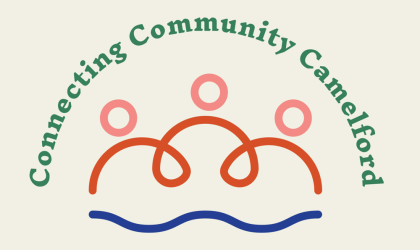 Connecting Community Camelford logo design with linked figures and a flowing blue line