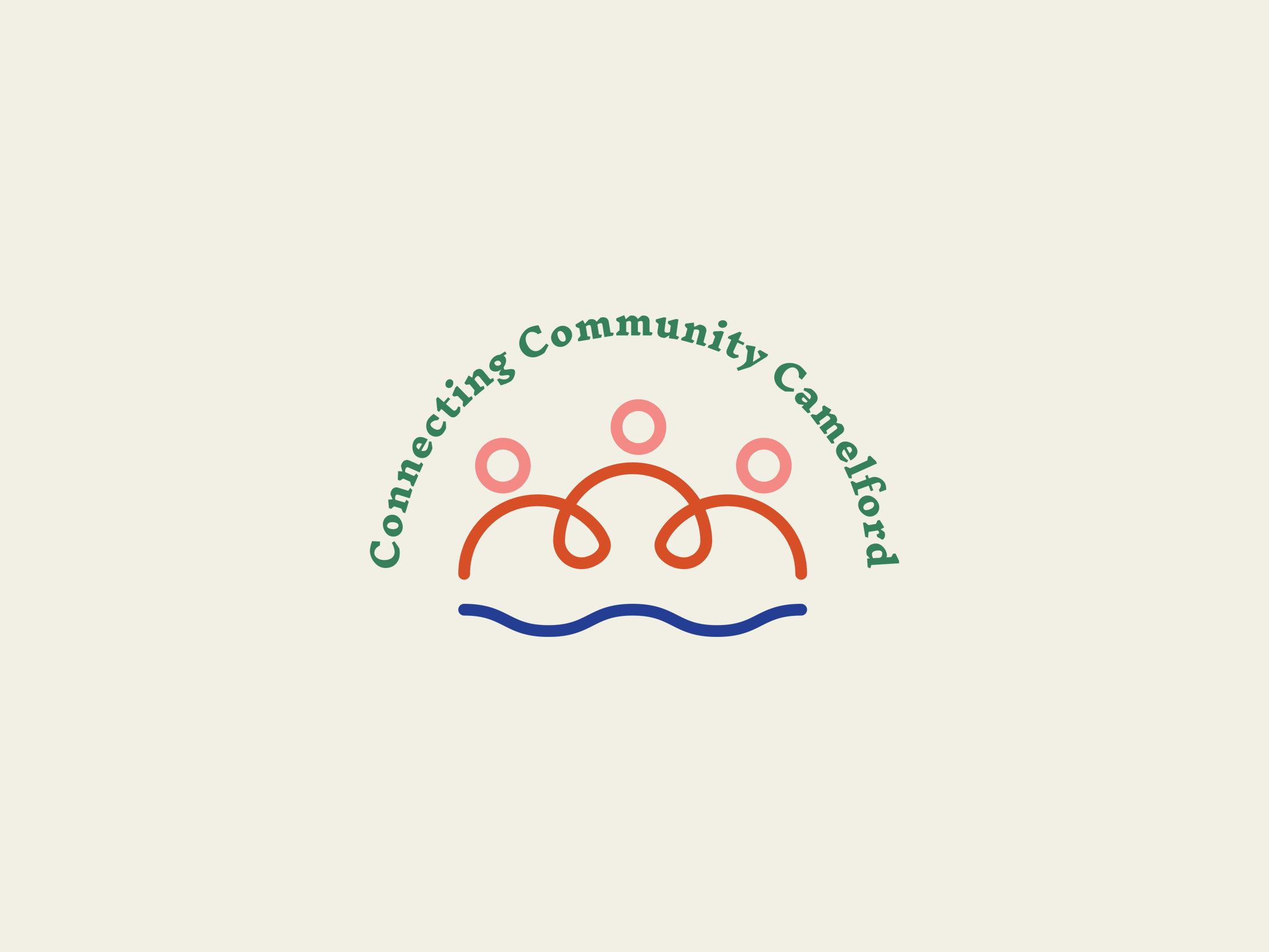 Connecting Community Camelford logo design with linked figures and a flowing blue line
