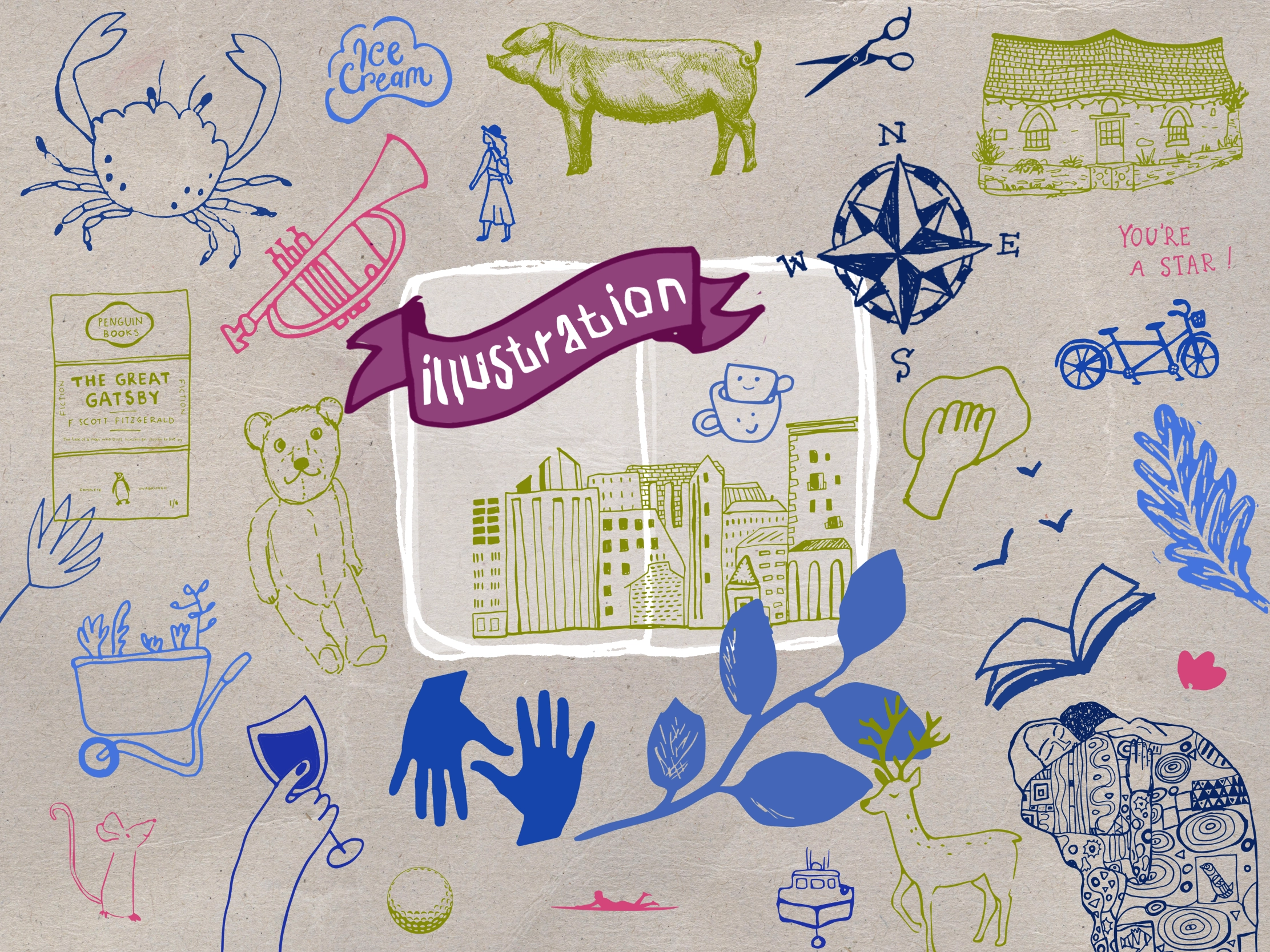 Colourful collage of hand-drawn illustrations by Pickle Design, including animals, books, buildings, plants, a compass and a bicycle.