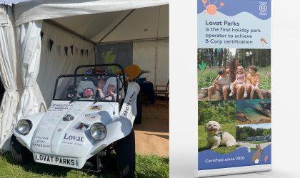 Lovat Holiday Parks Goodwoof event stand with branded buggy and B Corp pull-up banner