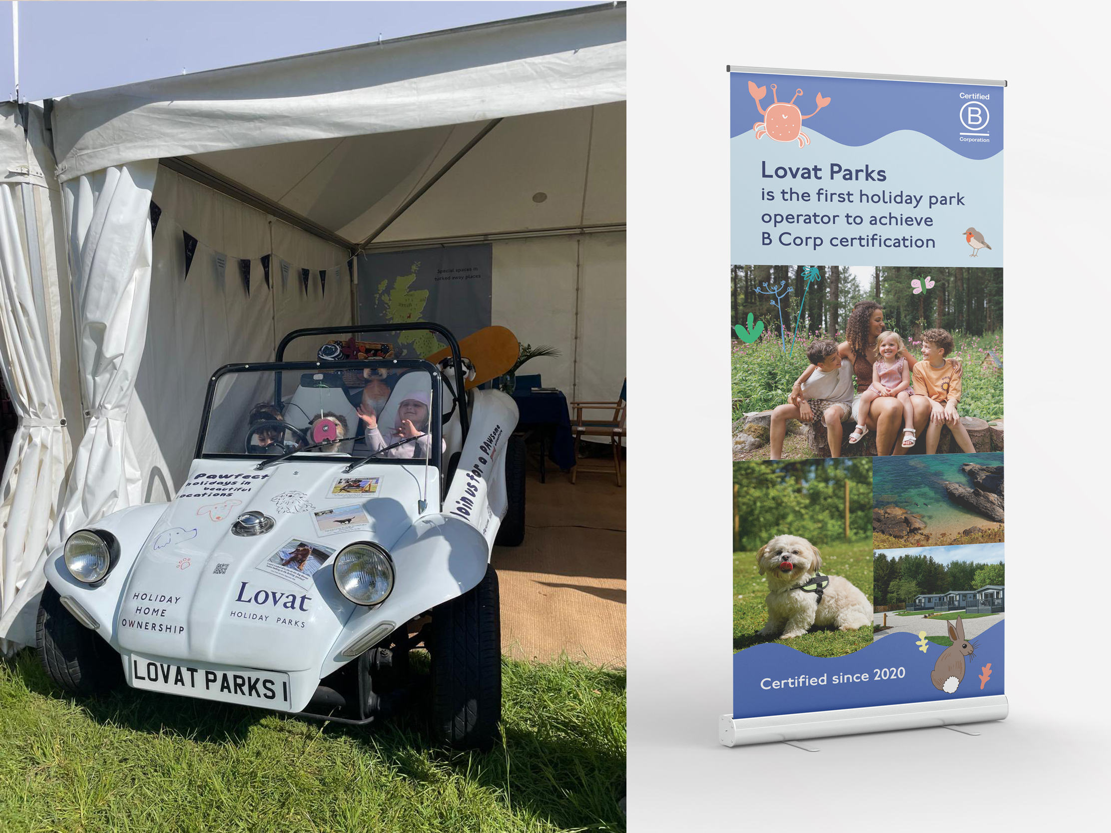 Lovat Holiday Parks Goodwoof event stand with branded buggy and B Corp pull-up banner