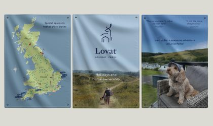 Fabric backdrop panels designed for the Lovat Holiday Parks stand at Goodwoof