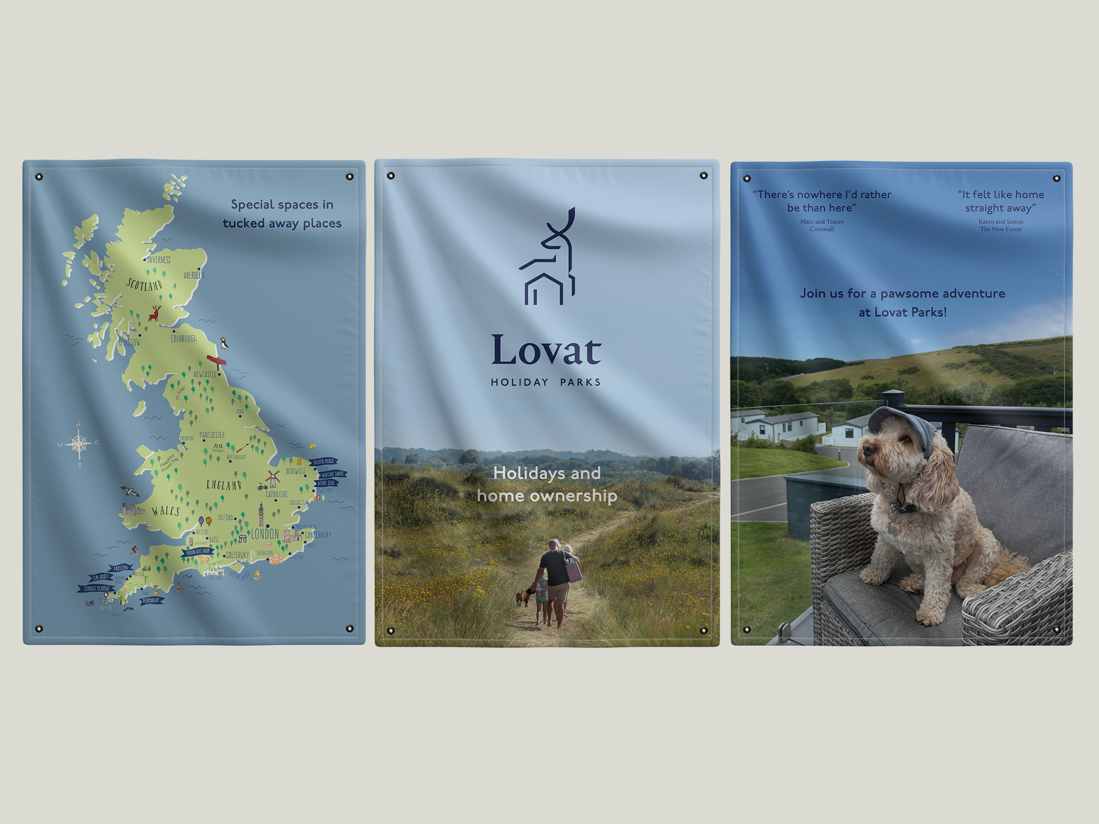 Fabric backdrop panels designed for the Lovat Holiday Parks stand at Goodwoof