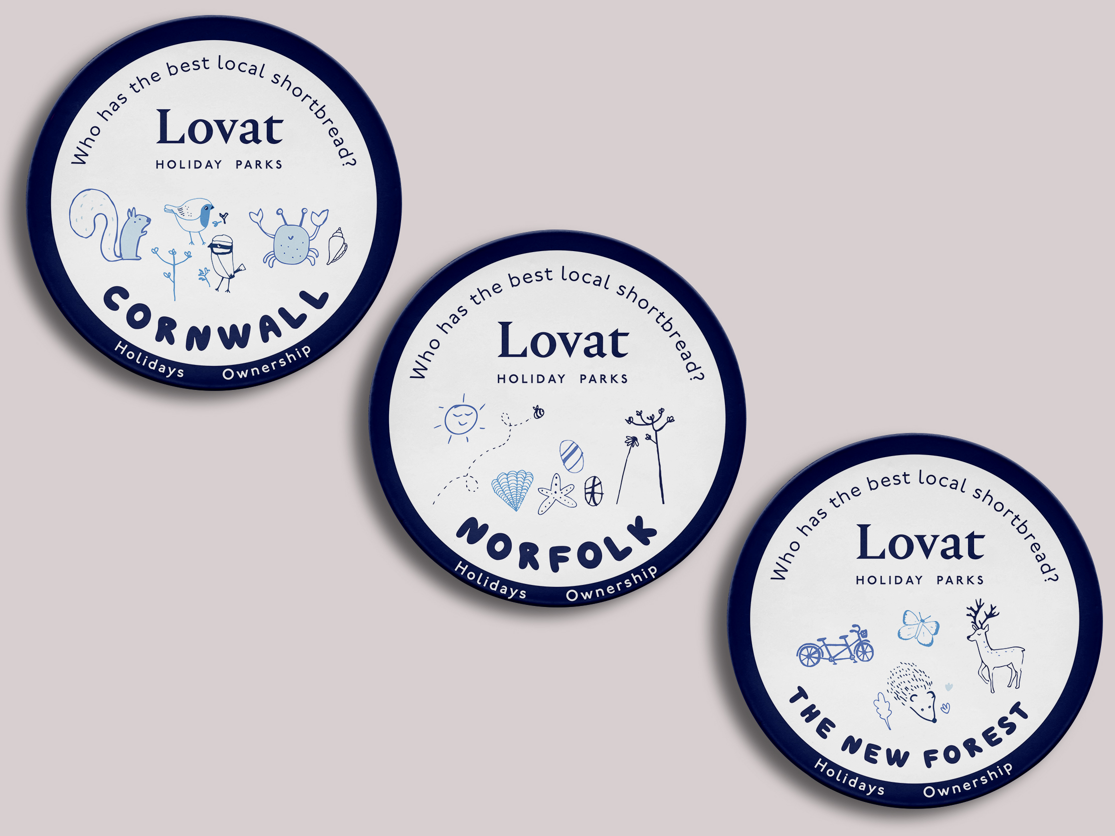 Round placemat designs for Lovat Holiday Parks in Cornwall, Norfolk and the New Forest