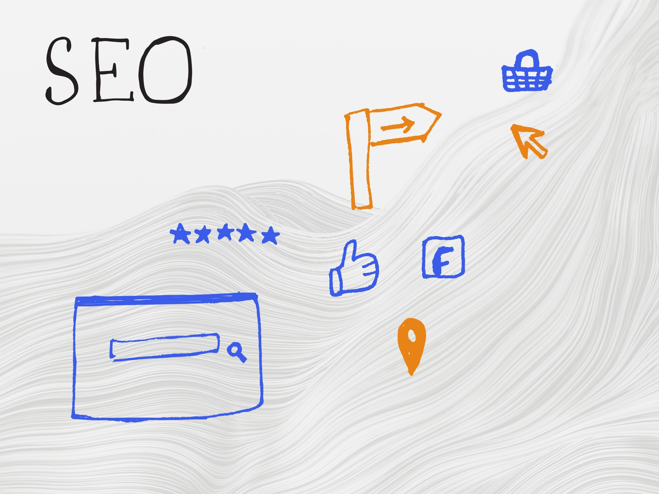 Hand-drawn illustration representing SEO services, with a search box, location pin, review stars, cursor and signpost