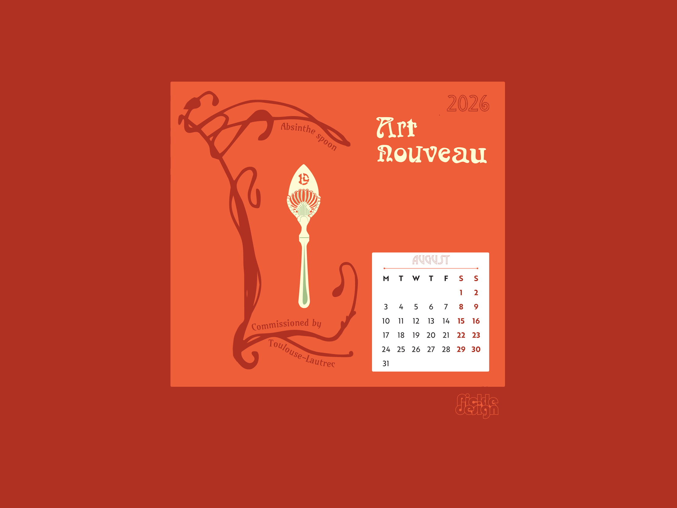 Illustration of an absinthe spoon commissioned by Toulouse Lautrec for the August 2026 Art Nouveau calendar by Pickle Design