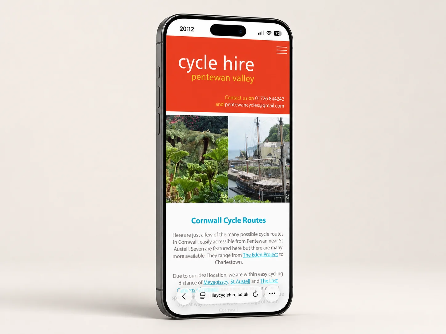 Pentewan Valley Cycle Hire website displayed on a mobile phone